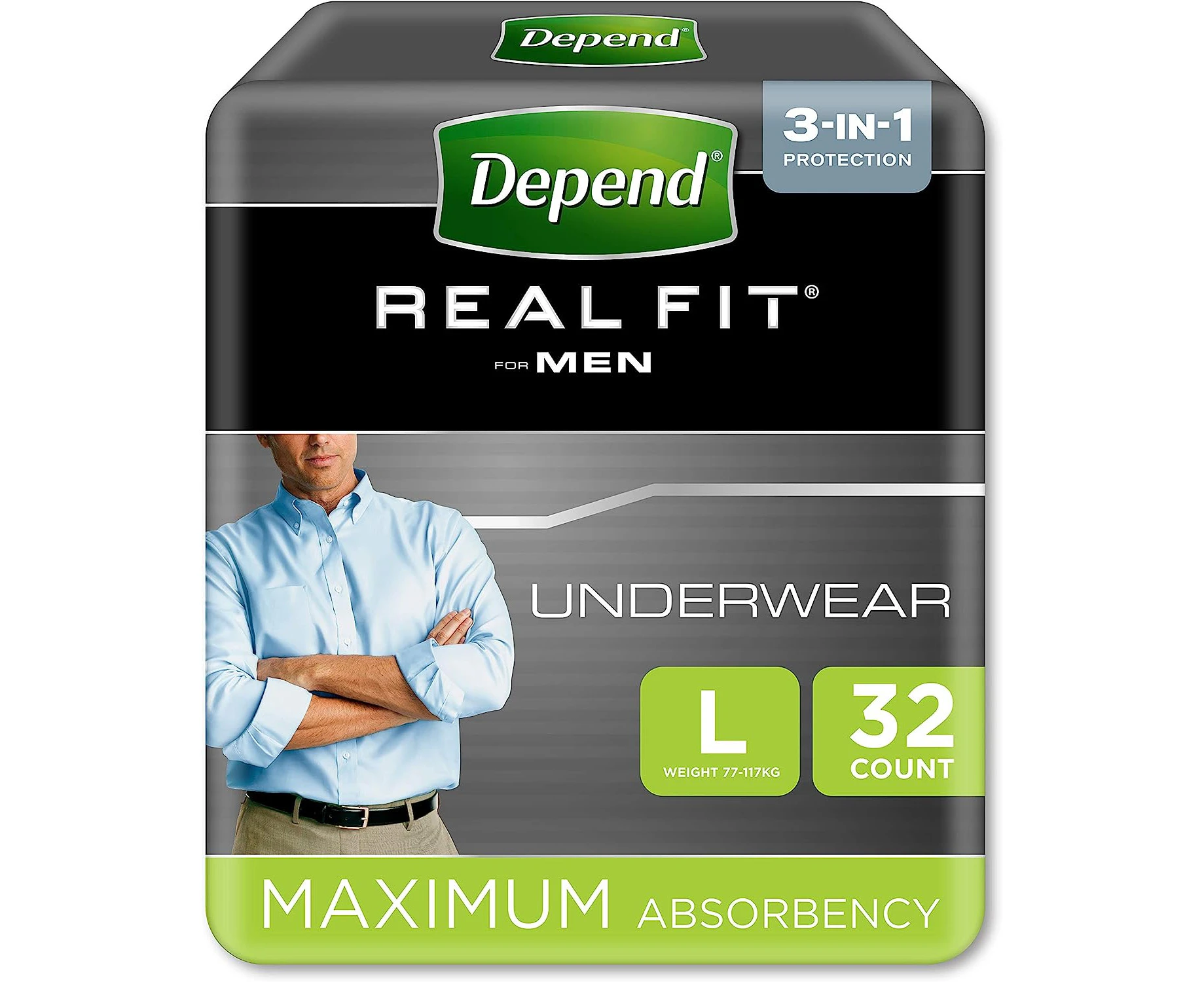 Depend Real Fit Incontinence Underwear Men Large 32 Count (4 x 8 Pack) - Packaging May Vary