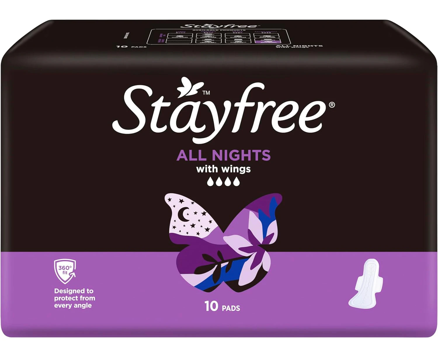 Stayfree All Nights Pads With Wings 10 Pack|Faster absorption | Neutralises odour|Cottony-soft quilted cover| Keeps dry and comfortable