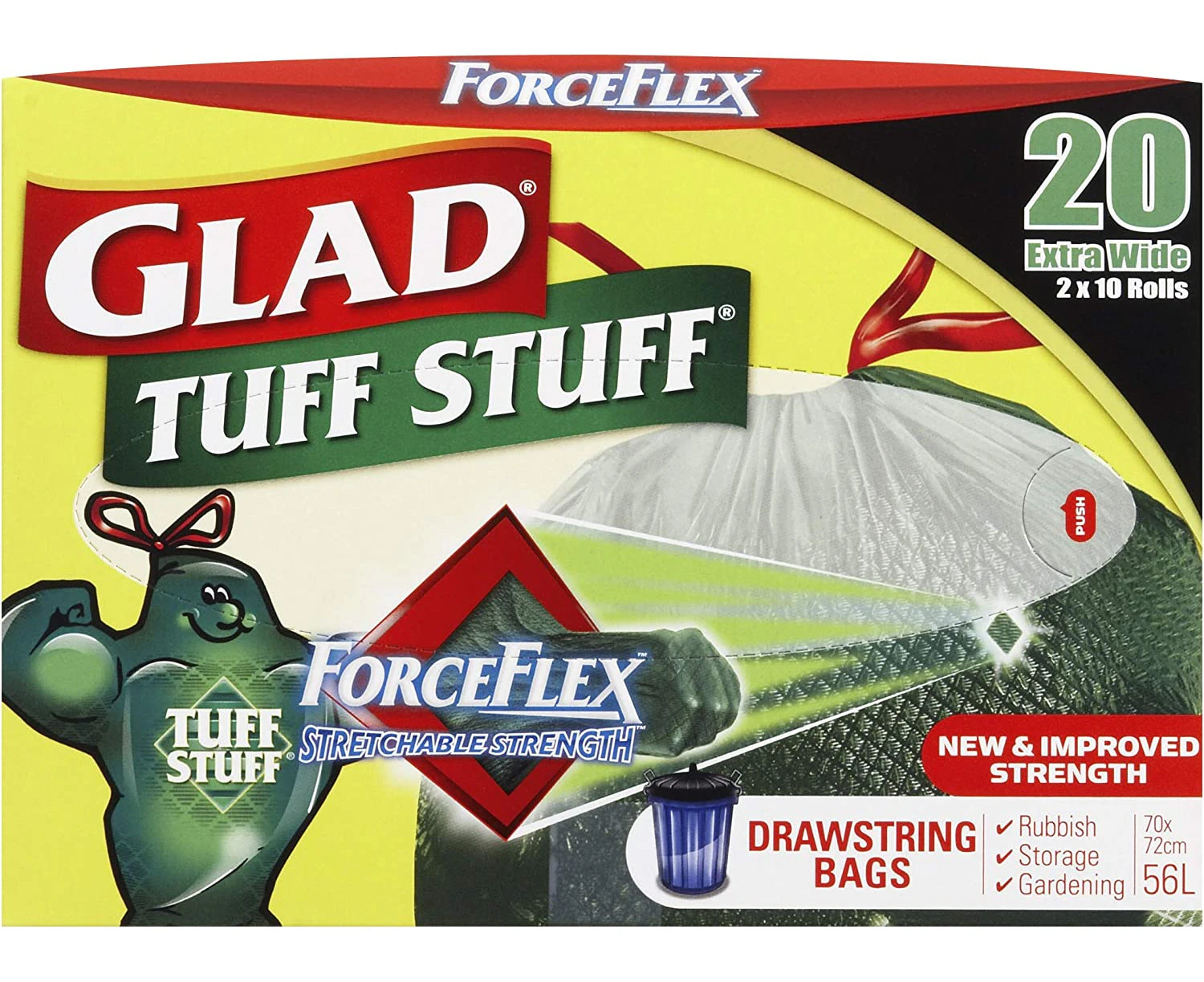 Glad Tuff Stuff Drawstring Trash Bags with ForceFlex Stretchable Strength, Fits 56L Bin, 20 count