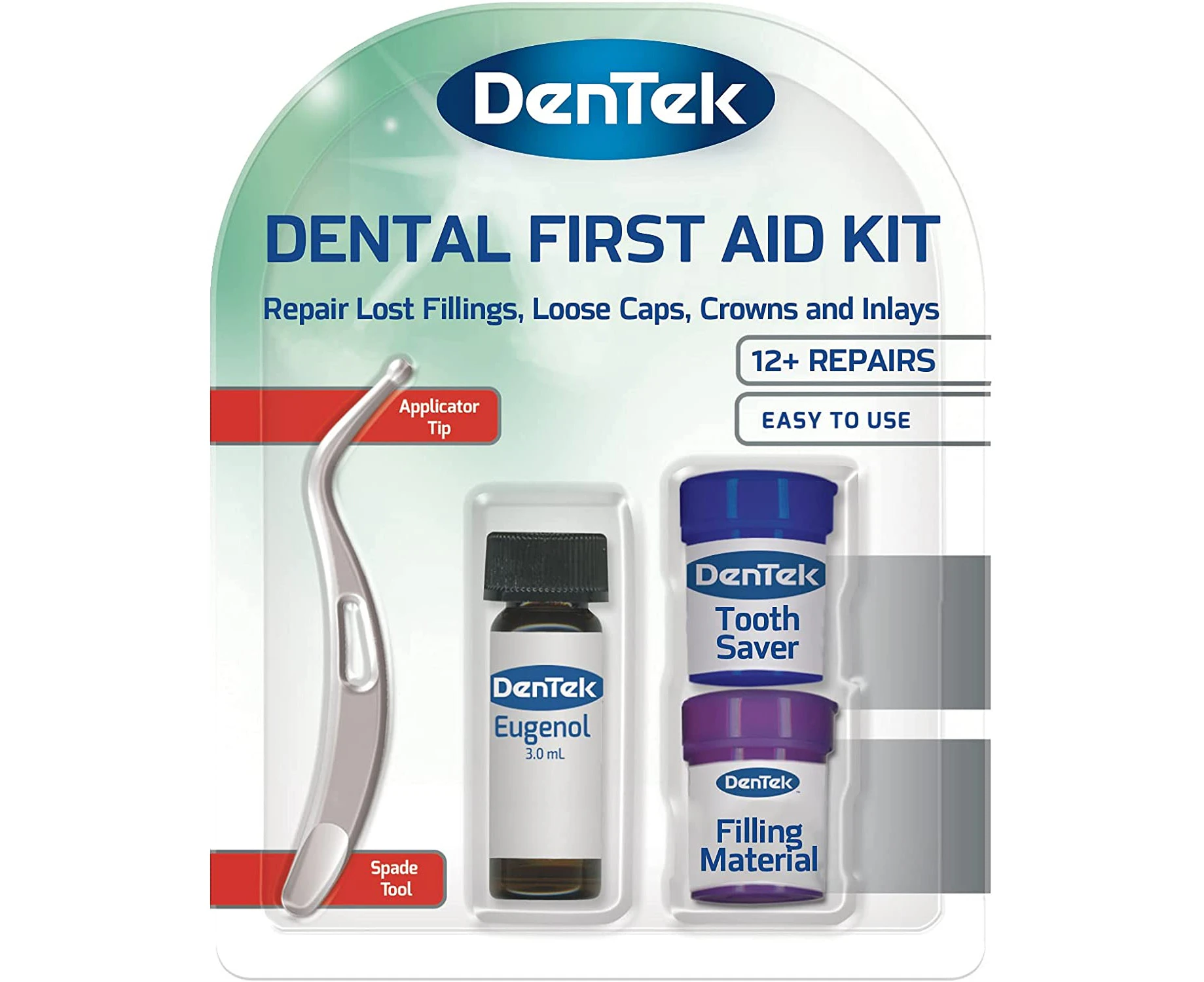 DenTek Home Dental First Aid Kit for repairing lost fillings or securing loose caps, crowns or inlays (packaging may vary) with spade tool