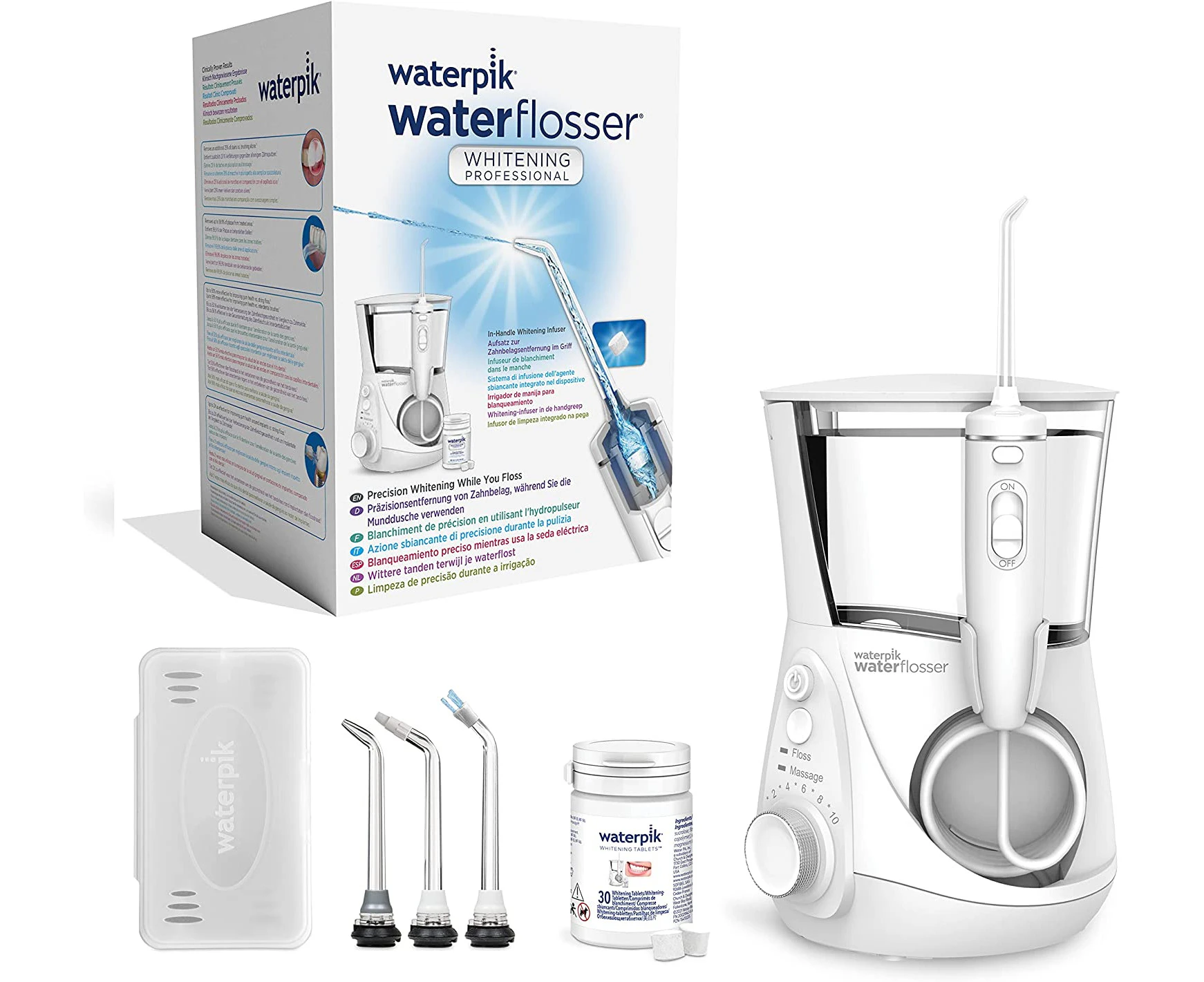 Waterpik Whitening Professional Waterflosser Oral Irrigator with Mint Flavour Whitening Tablets, Plaque Removal, Natural White Teeth in 2 Weeks, White (WF-