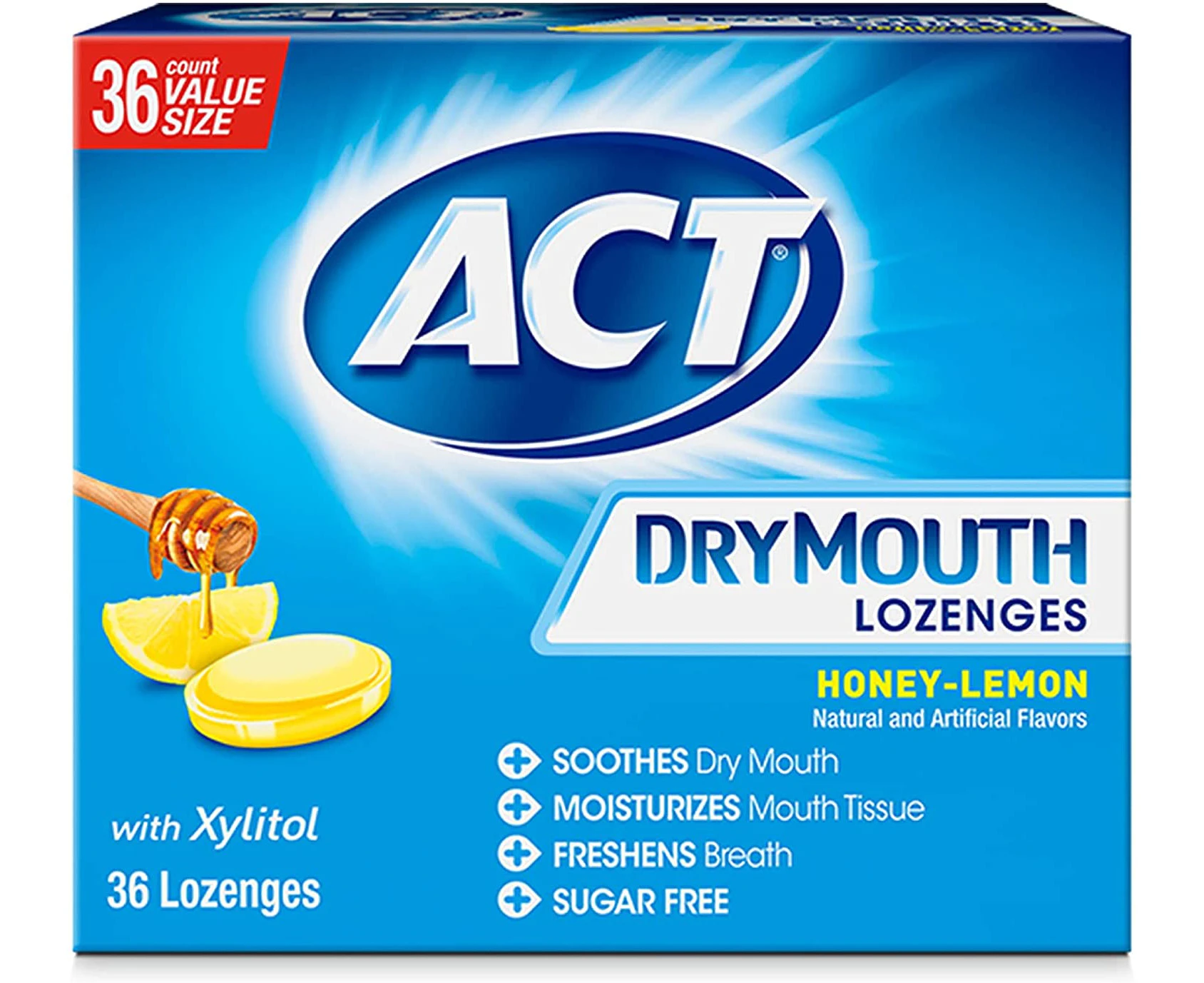 ACT Dry Mouth Lozenges With Xylitol, 36-Count, Sugar Free Honey-Lemon