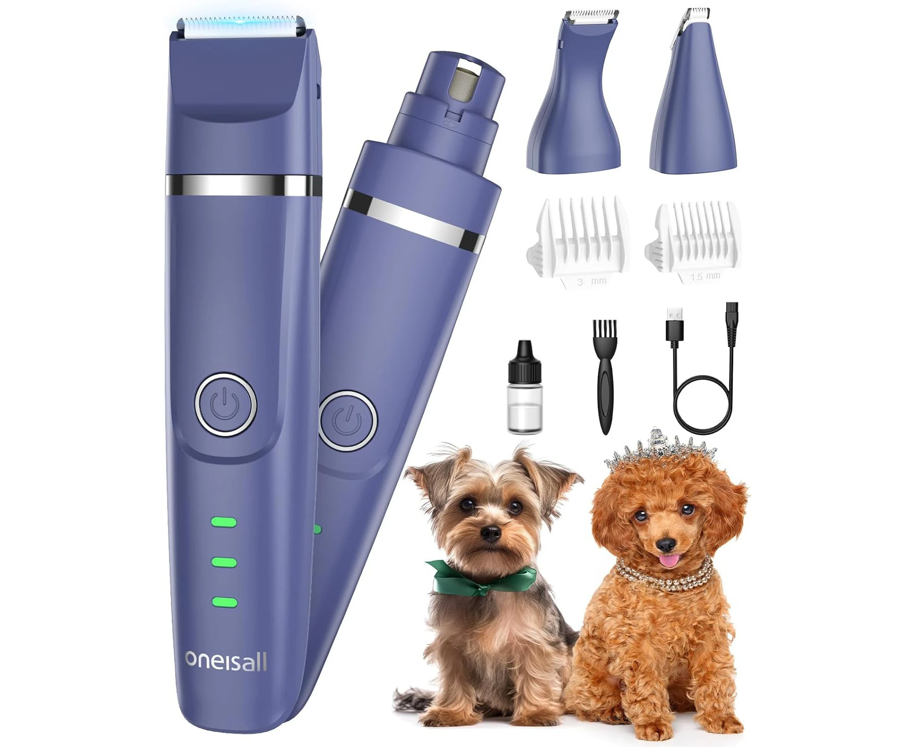 oneisall Small Dog Clippers, Quiet Cordless Dog Paw Trimmer & Nail Grinder, Dog Grooming Kit for Small Dogs with Guards, 2 Speed Dog Trimmers for Small Dog