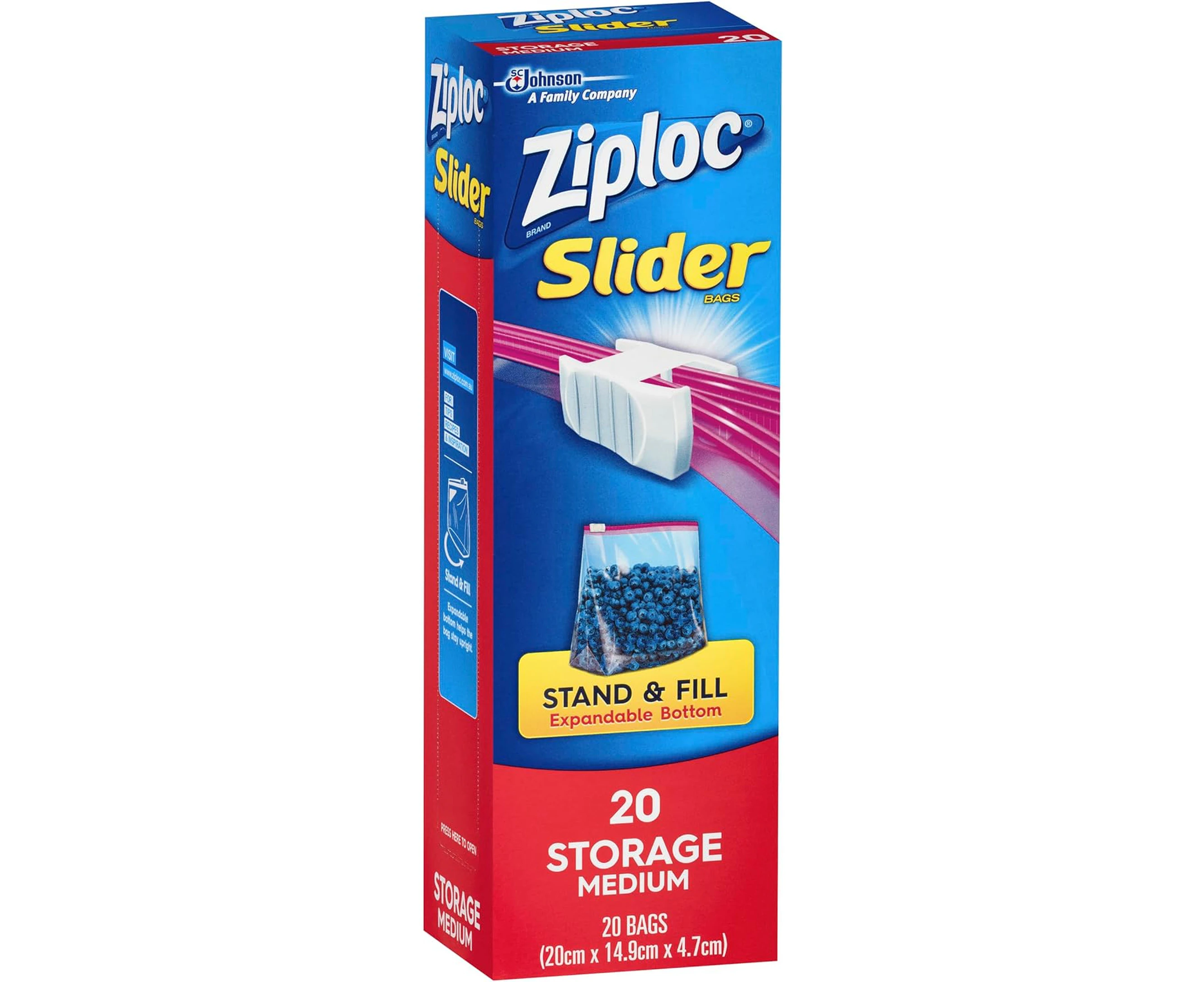 Ziploc Slider Storage Bags Medium with Smart Zip Plus Seal and Stand & Fill Expandable Bottom, BPA Free, Microwave Safe, 20-Pack