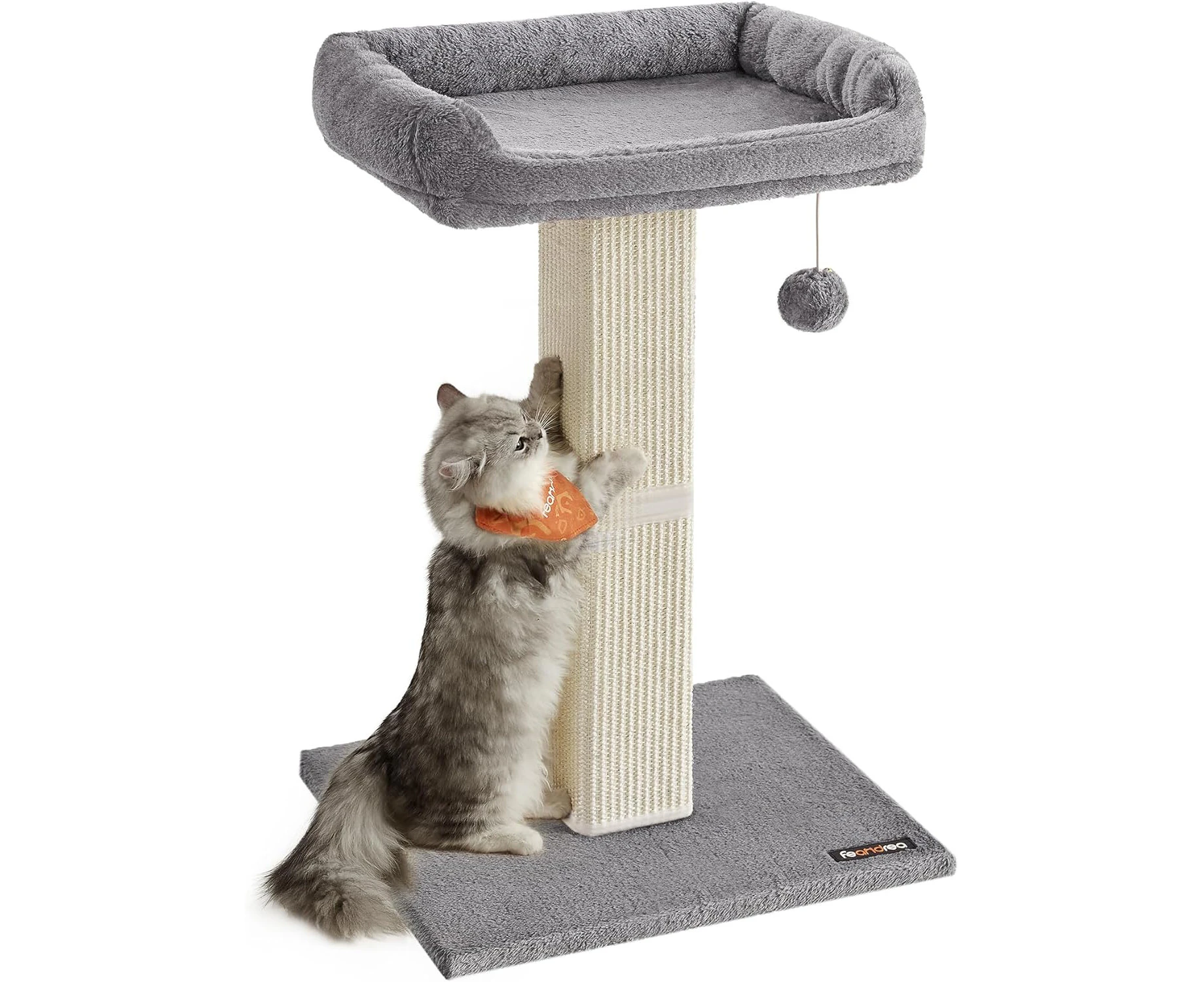 Feandrea Cat Scratching Post, 27.9-Inch Cat Scratcher with 15.7 x 11.8 Inches Plush Perch, Tall Scratch Post with Woven Sisal, Pompom, Removable Washable C