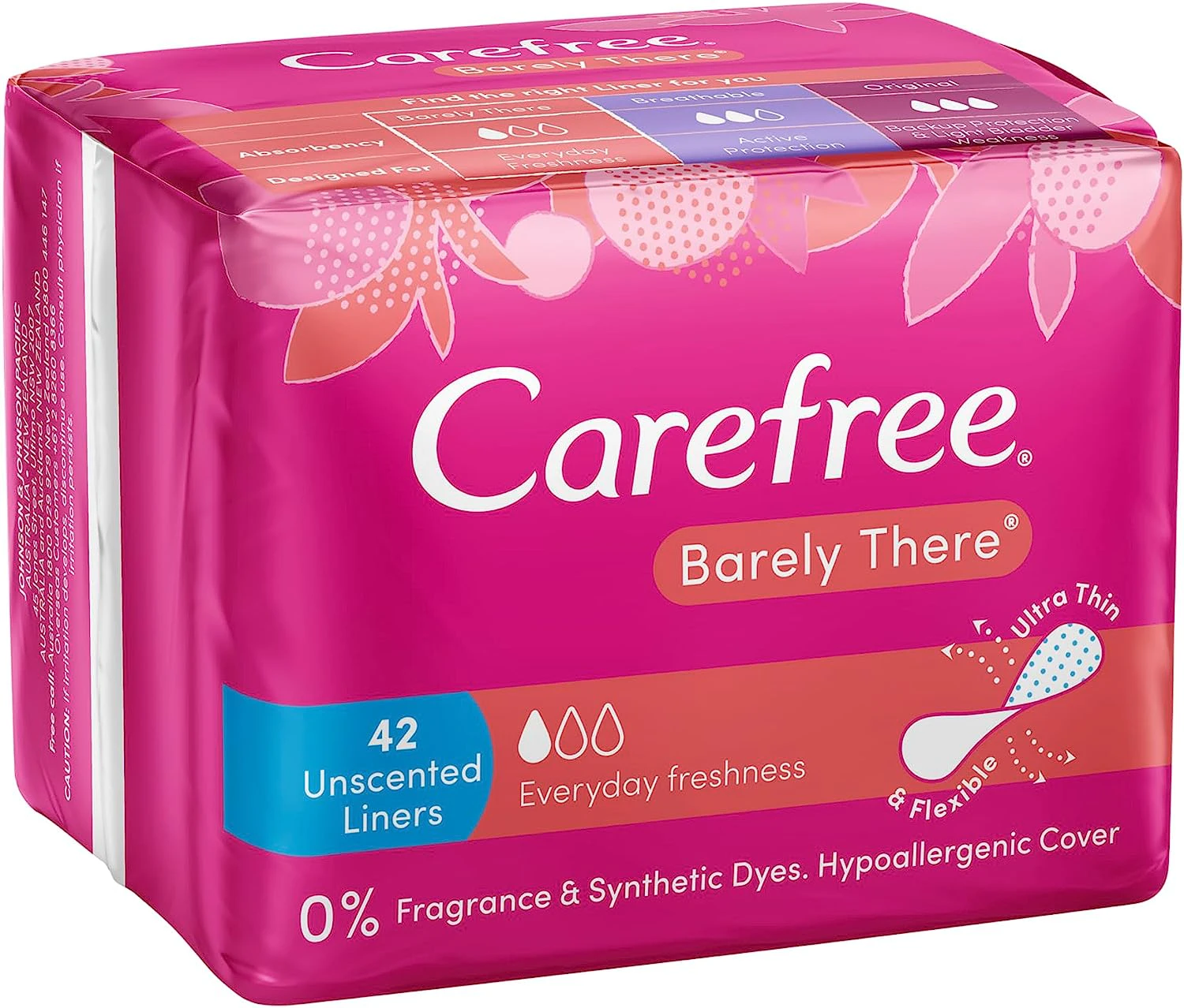 Carefree Barely There Unscented Panty Liners 42 Pack |Breathable| Feels soft & thin| Highly flexible