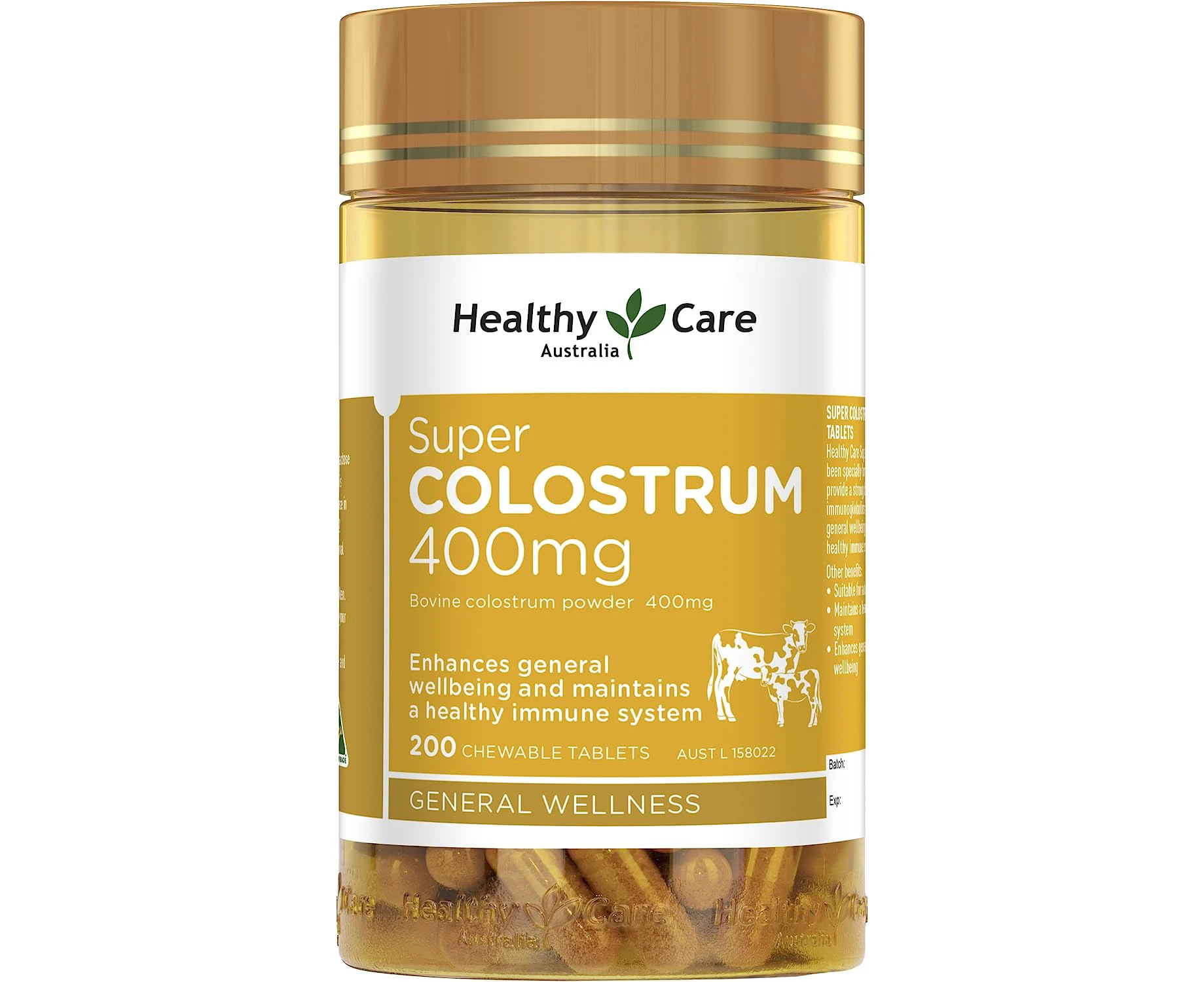 Healthy Care Colostrum Chewable Tablets - Supports Immune System & Wellbeing - Premium Quality Dietary Supplement - 200 Tablets - 400 mg