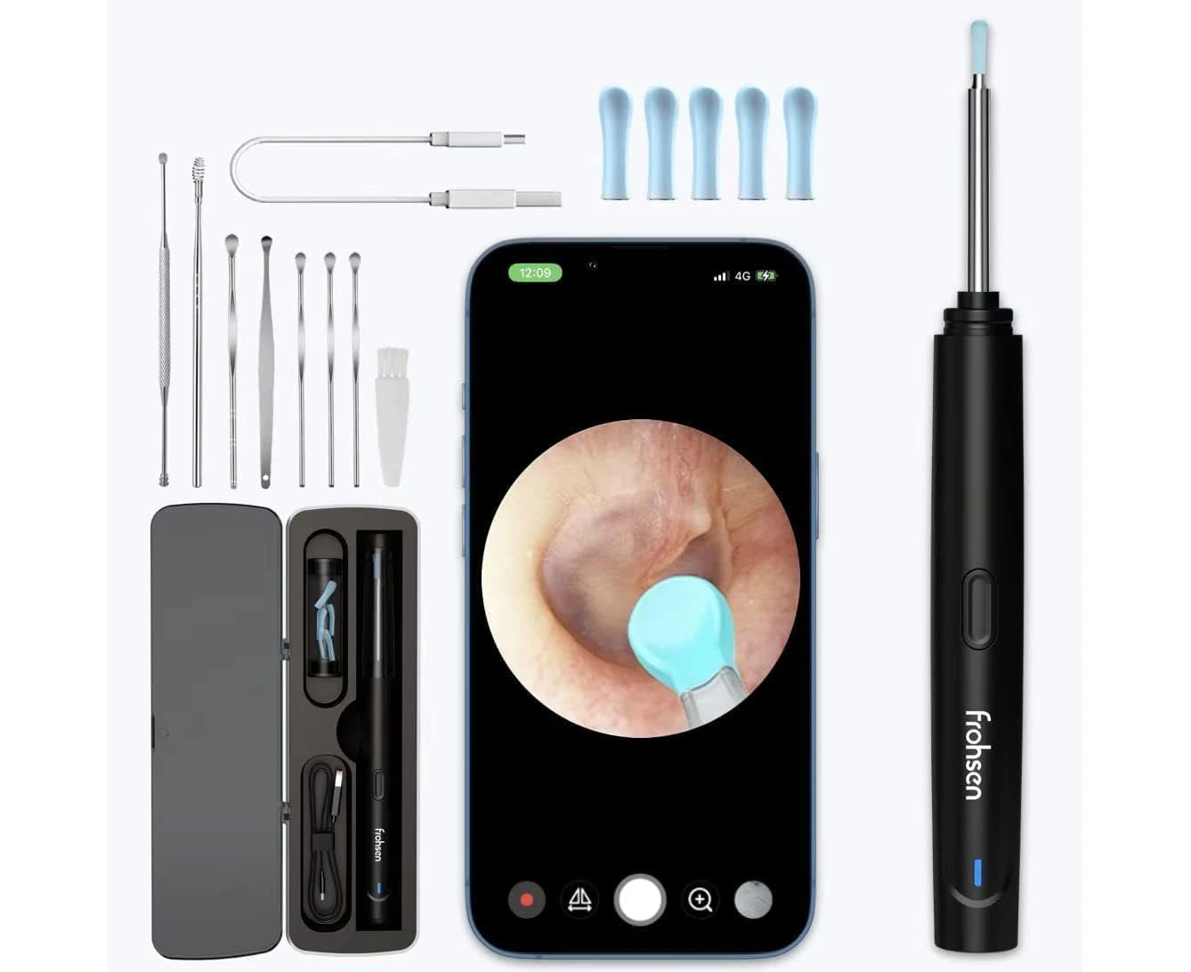 Frohsen Ear Wax Removal Kit Otoscopes Visual, Smart Ear Cleaner WiFi Real Time HD Camera, Ear Scope Cleaning Kit, Ear Wax Remover iOS & Android(black）