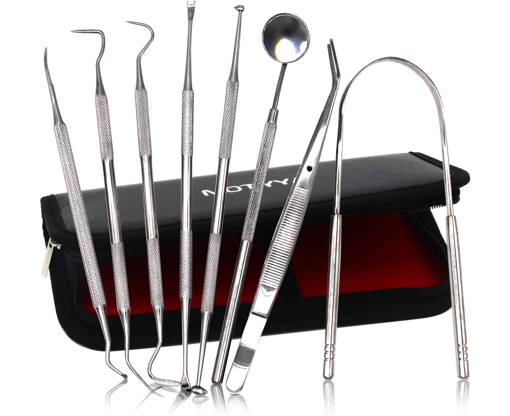 MOTYYA Dental Tools 8pcs, Professional Teeth Hygiene Kit Stainless Steel Dental Pick Cleaning Set,Tongue Scraper,Tooth Scaler,Tweezers,Anti Fog Mouth Mirro