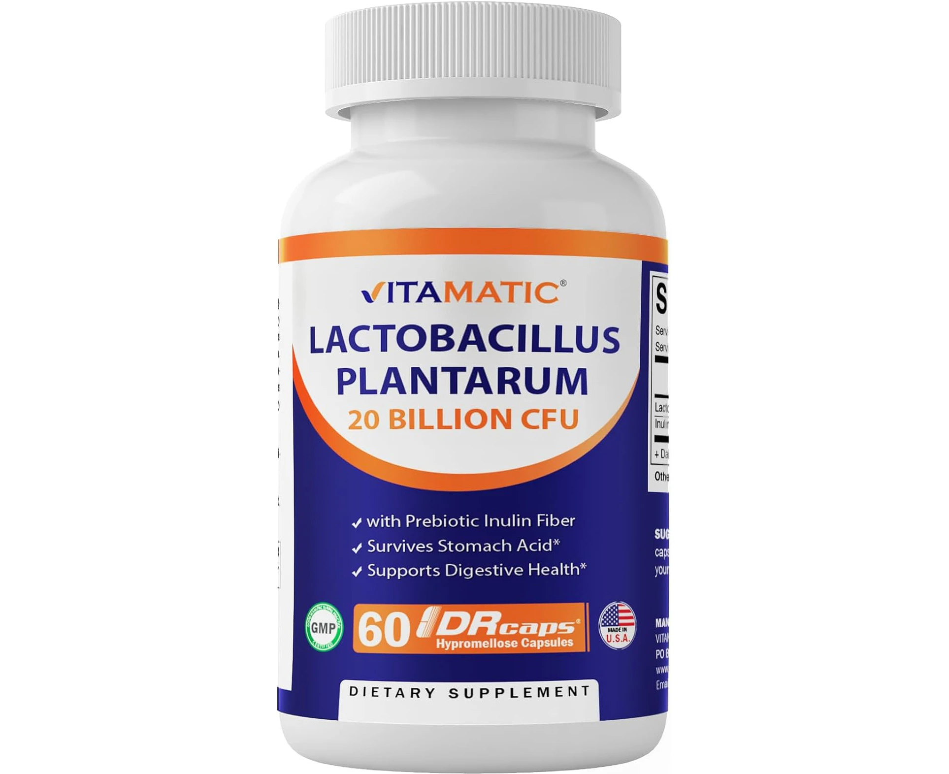 Vitamatic Lactobacillus Plantarum - 20 Billion per DR Capsule - 60 Count - Digestive Support - Made with Prebiotic Inulin Fiber