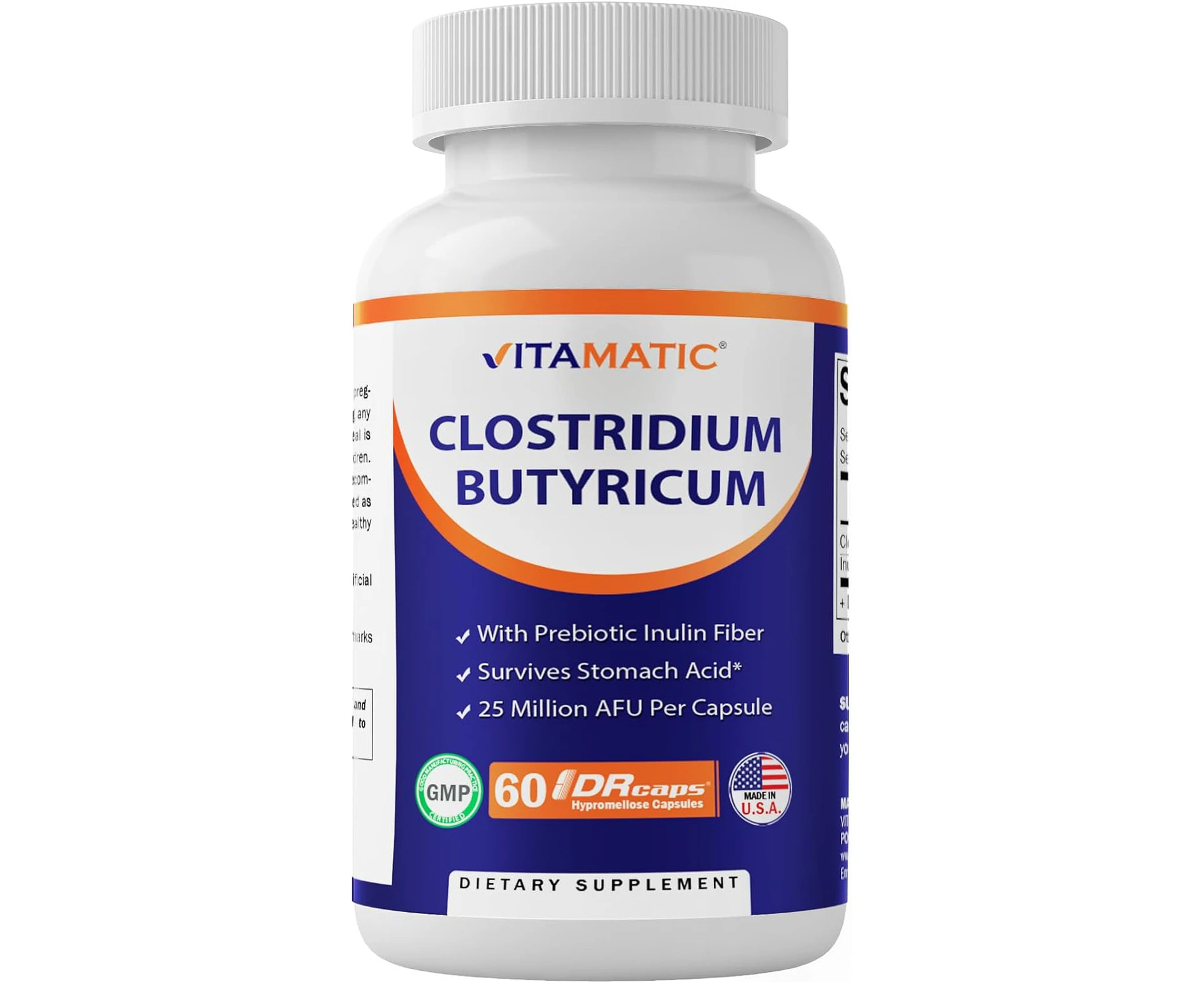 Vitamatic Clostridium butyricum 25 Million - Gut Health - 60 DR Capsules (Delayed Released) - Made with Prebiotic Inulin Fiber