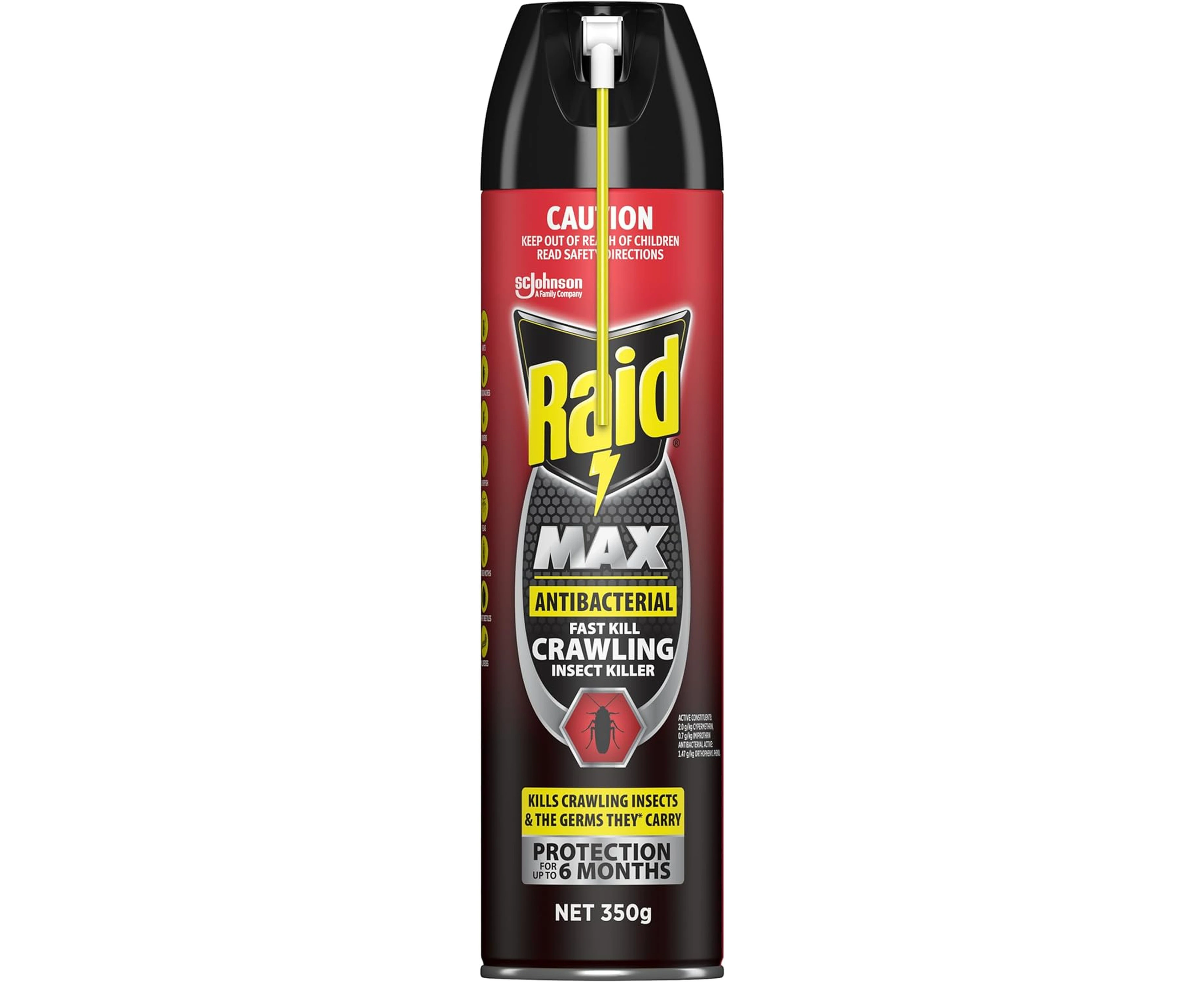 Raid Max Antibacterial Fast Kill Crawling Insect Killer, Insect Spray for Cockroaches, Fleas, Spiders, and More, 350g, 1 Count