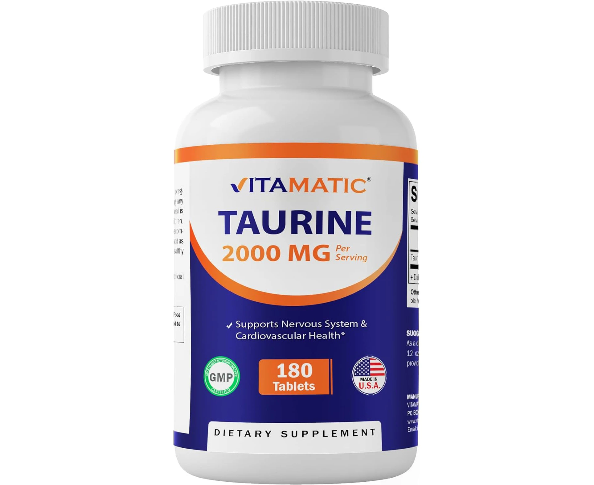 Vitamatic Taurine 2000mg Vegetarian Tablets, 180 Count, Non-GMO, Gluten Free