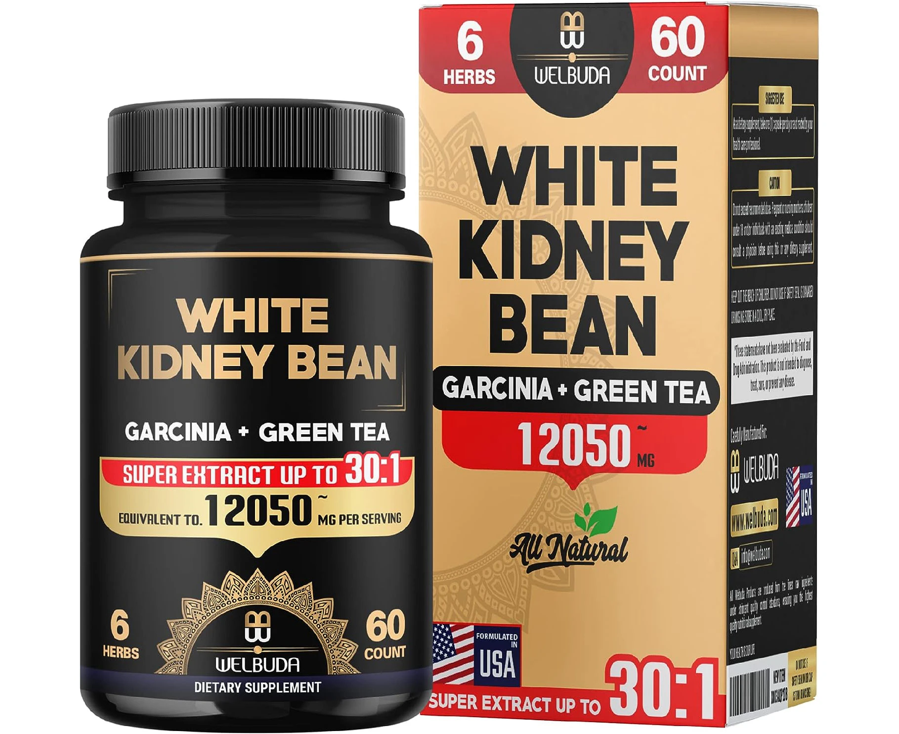 6in1 White Kidney Bean Extract 30:1 Capsules 12050 Mg - with Garcinia Cambogia, Green Tea, Olive Leaf, Green Coffee Bean & Black Pepper - Body Health, Stre