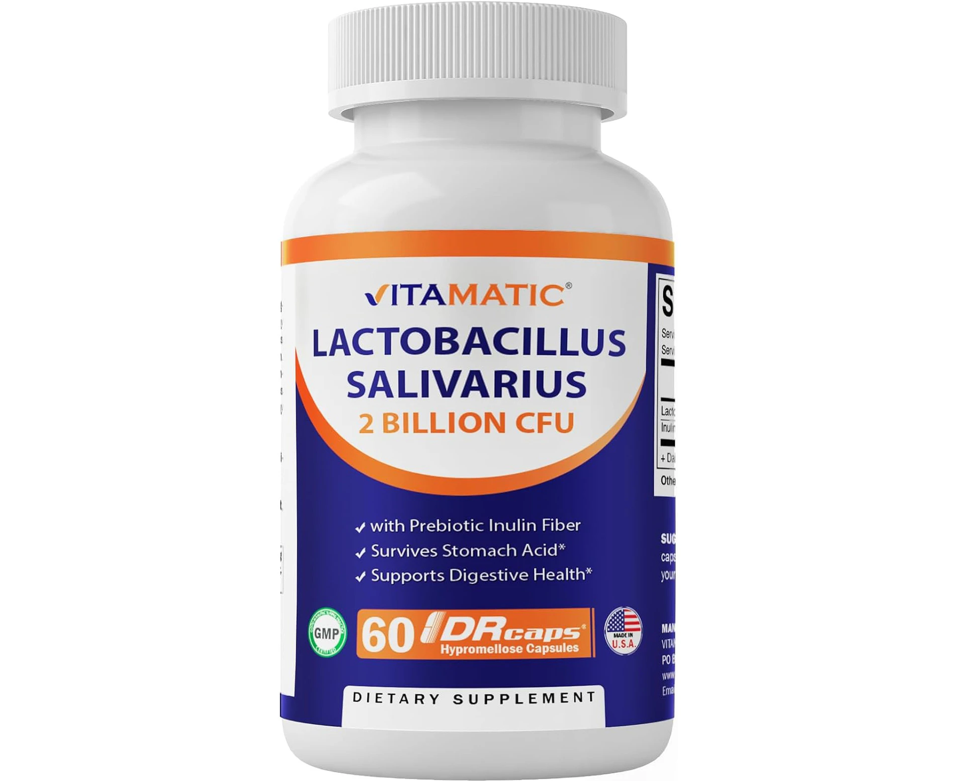 Vitamatic Lactobacillus Salivarius 2 Billion per DR Capsule - 60 Count - Digestive Support - Made with Prebiotic Inulin Fiber