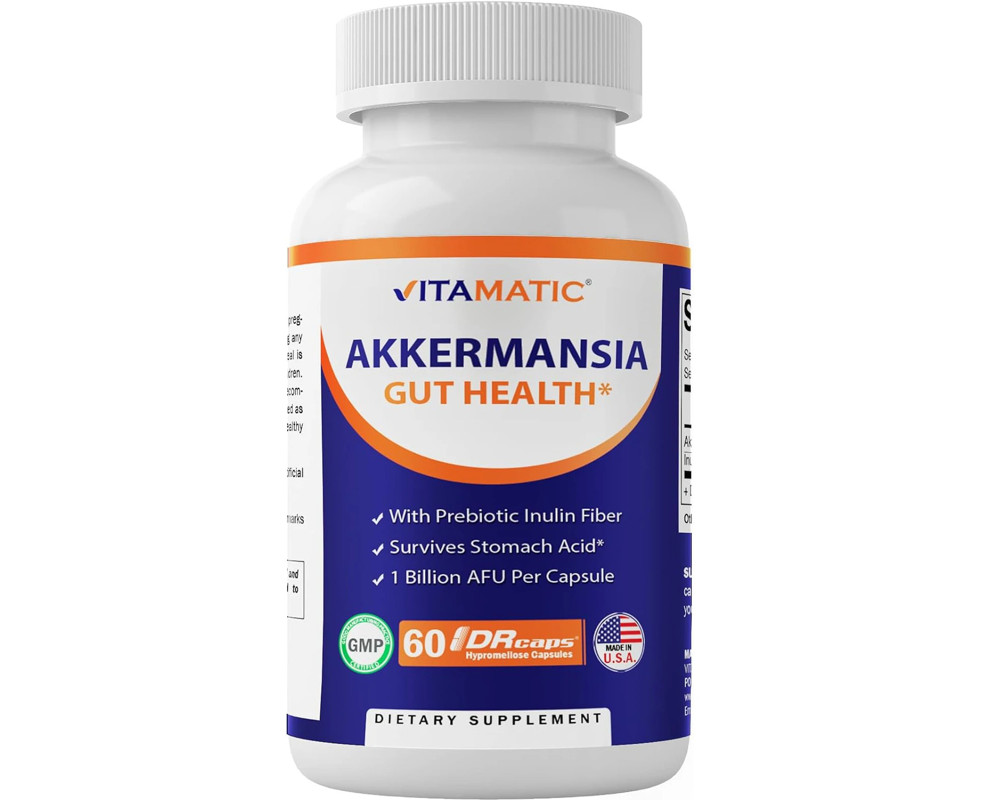 Vitamatic Akkermansia Muciniphila Gut Health - 60 DR Capsules (Delayed Released) - Made with Prebiotic Inulin Fiber