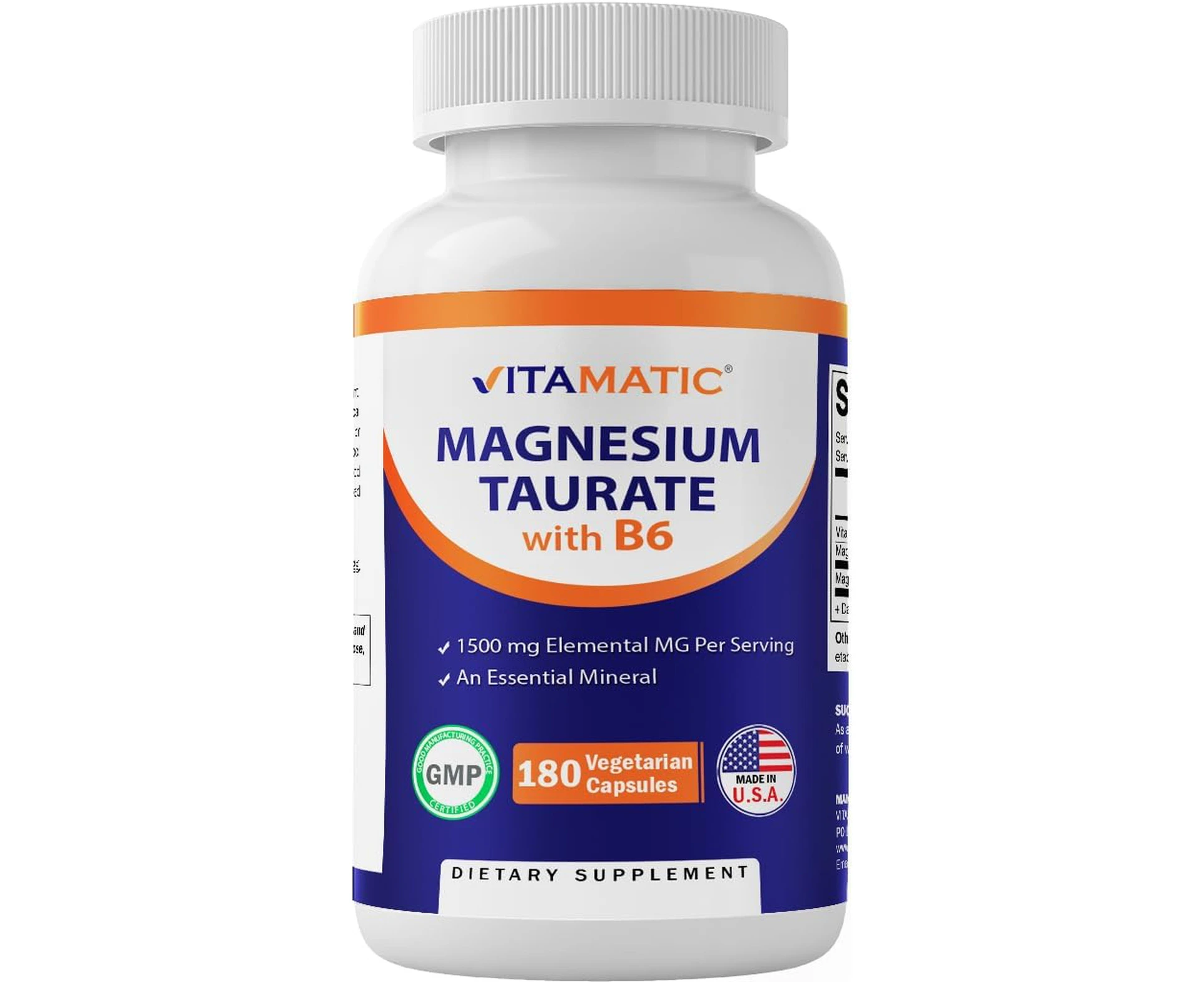 Vitamatic Magnesium Taurate 1500mg per Serving - 180 Vegetarian Capsules (Provides 300 mg of Elemental Magnesium) - Added B6 for Maximum Absorption - Suppo