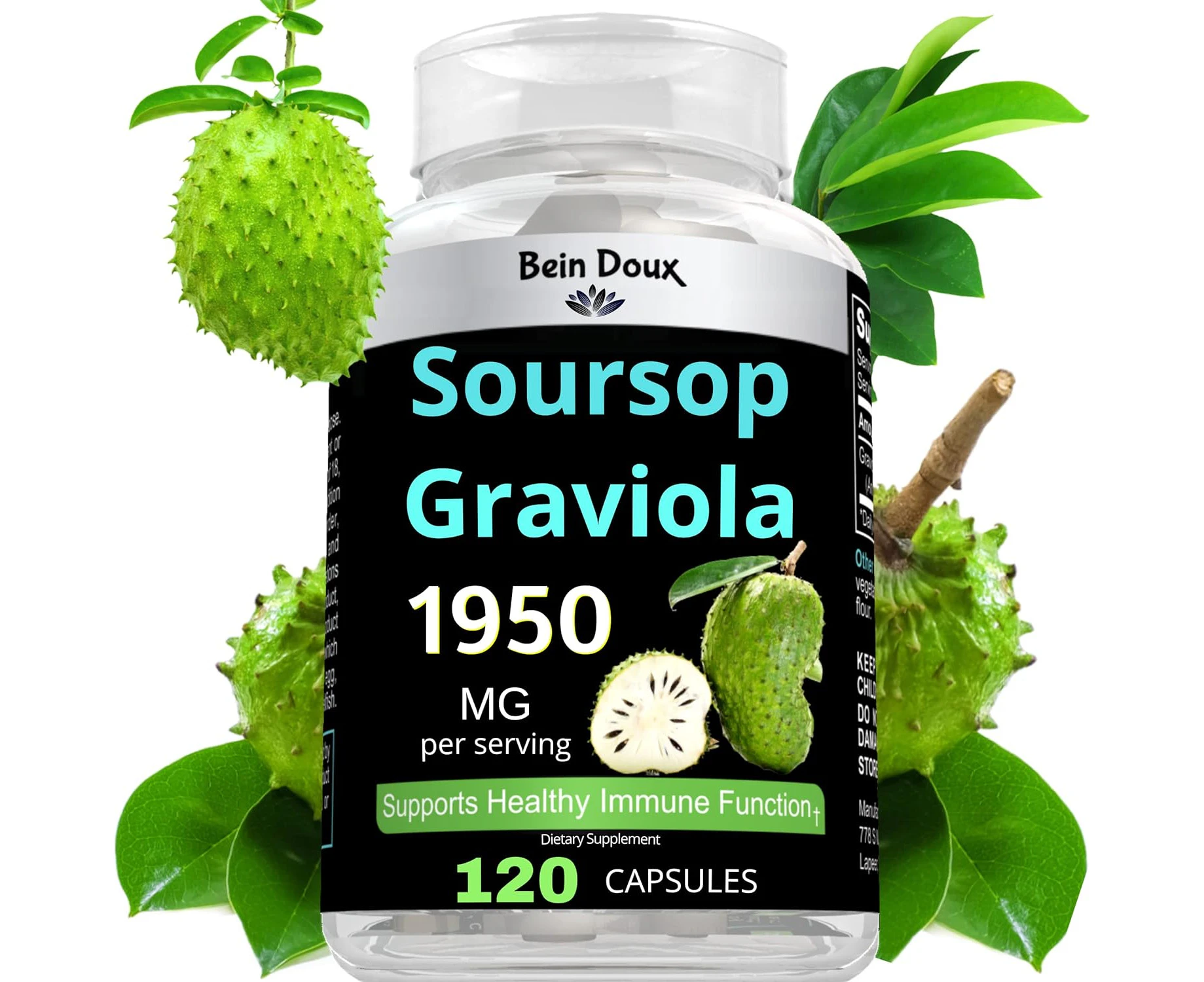 Soursop Graviola Guanábana Extract 120 Organic Capsules - Pure Leaves Powder 1950mg Per Servings