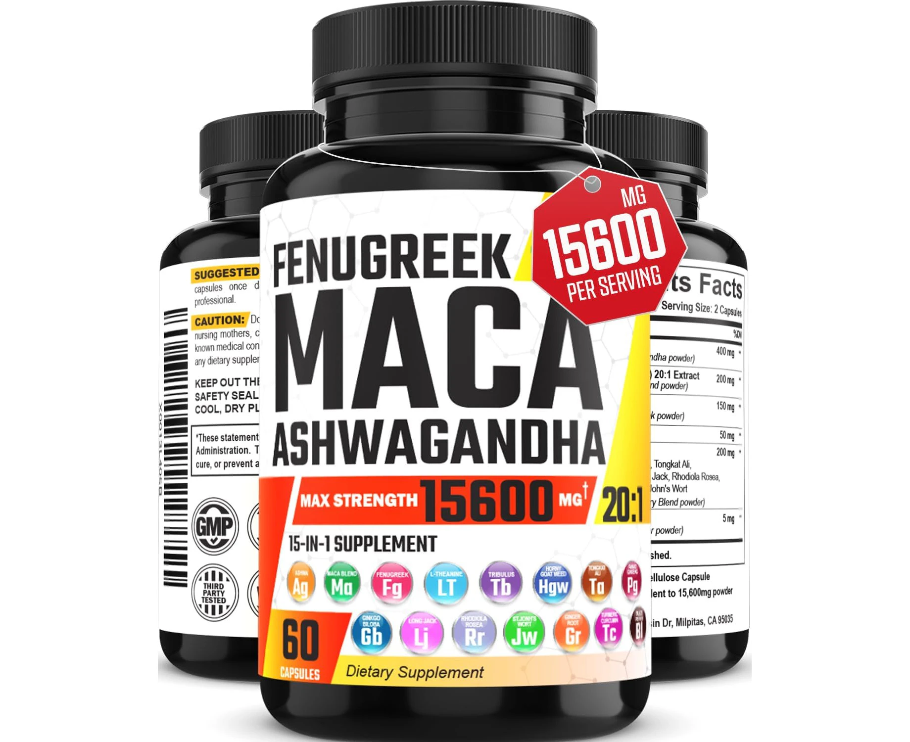 Ashwagandha 8000mg Maca Root 4000mg Fenugreek 1500mg Supplement with Tongkat Ali Ginseng - Support Stress, Mood & Thyroid Health - Ashwagandha Capsules Mac