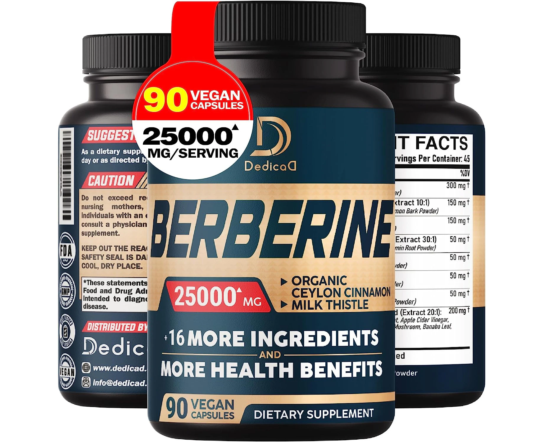 25000Mg Berberine Supplement - 17 Herb with Ceylon Cinnamon, Milk Thistle, Turmeric & more - Support Heart, Body Management & Immune - 90 Capsules for 45 S