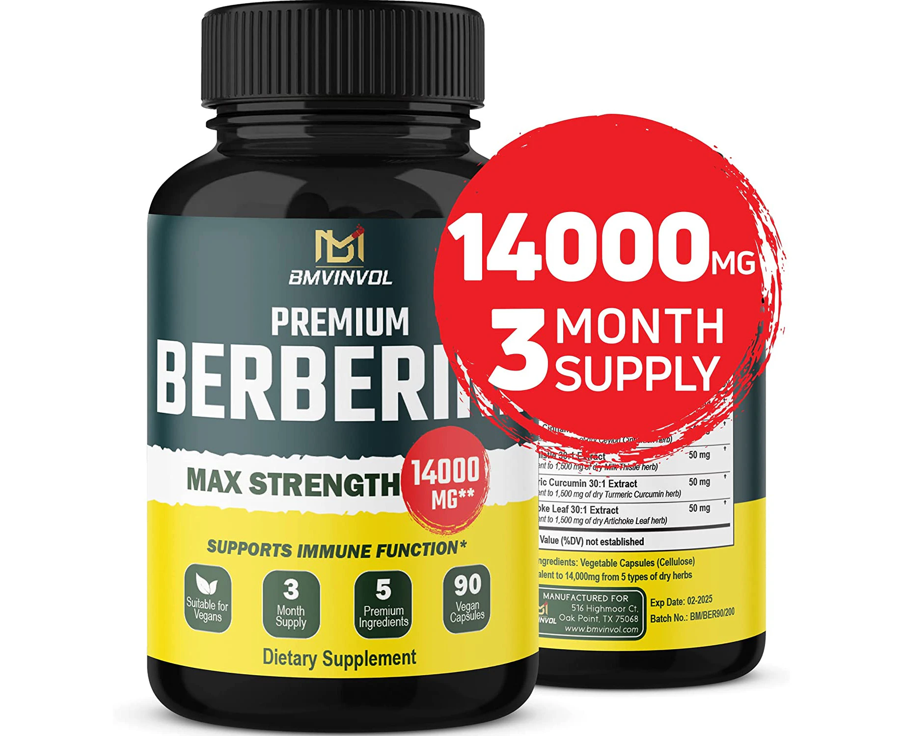 5-in-1 Berberine 14000mg with Ceylon Cinnamon Milk Thistle Turmeric Artichoke - 30:1 Concentrated Formula Berberine - 3 Month Supply - Immune Heart Support