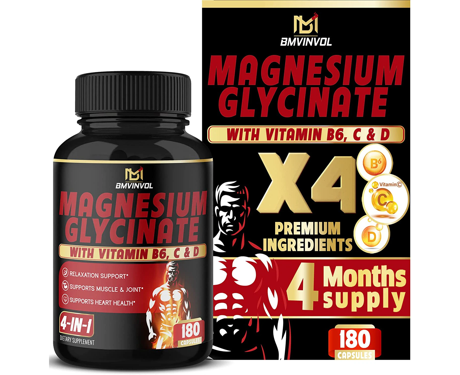 Magnesium Glycinate with Vitamin.B6, Vitamin C, Vitamin.D - 6 Months Supply - 180 Count