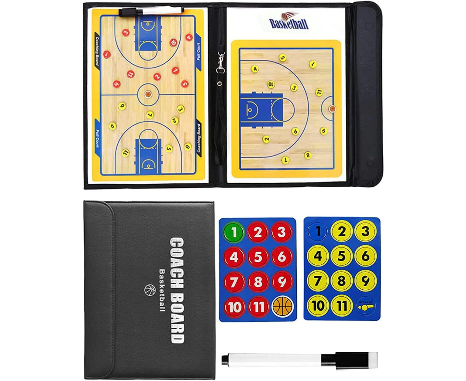 Basketball Coaches Tactical Board with Magnetic Pieces + Dry Erase Marker Pen, Portable PU Leather Cover Boards Foldable Strategy Coaching Clipboard, Tacti