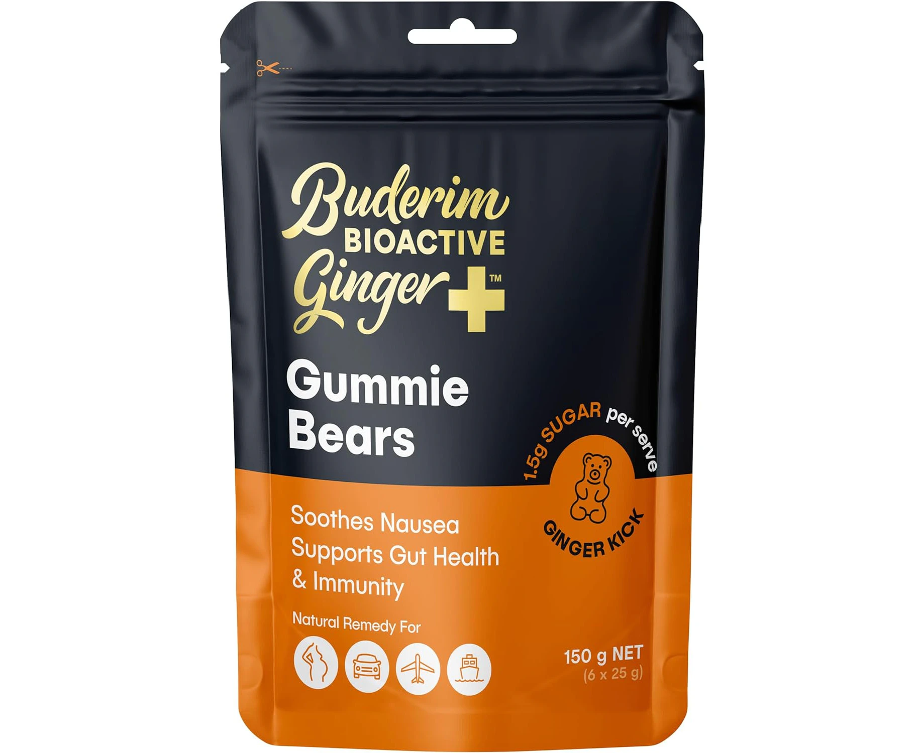 Buderim BioActive Ginger+ Gummie Bears – Low in Natural Sugar, Gluten Free, Soothes Nausea and Supports Gut Health and Immunity