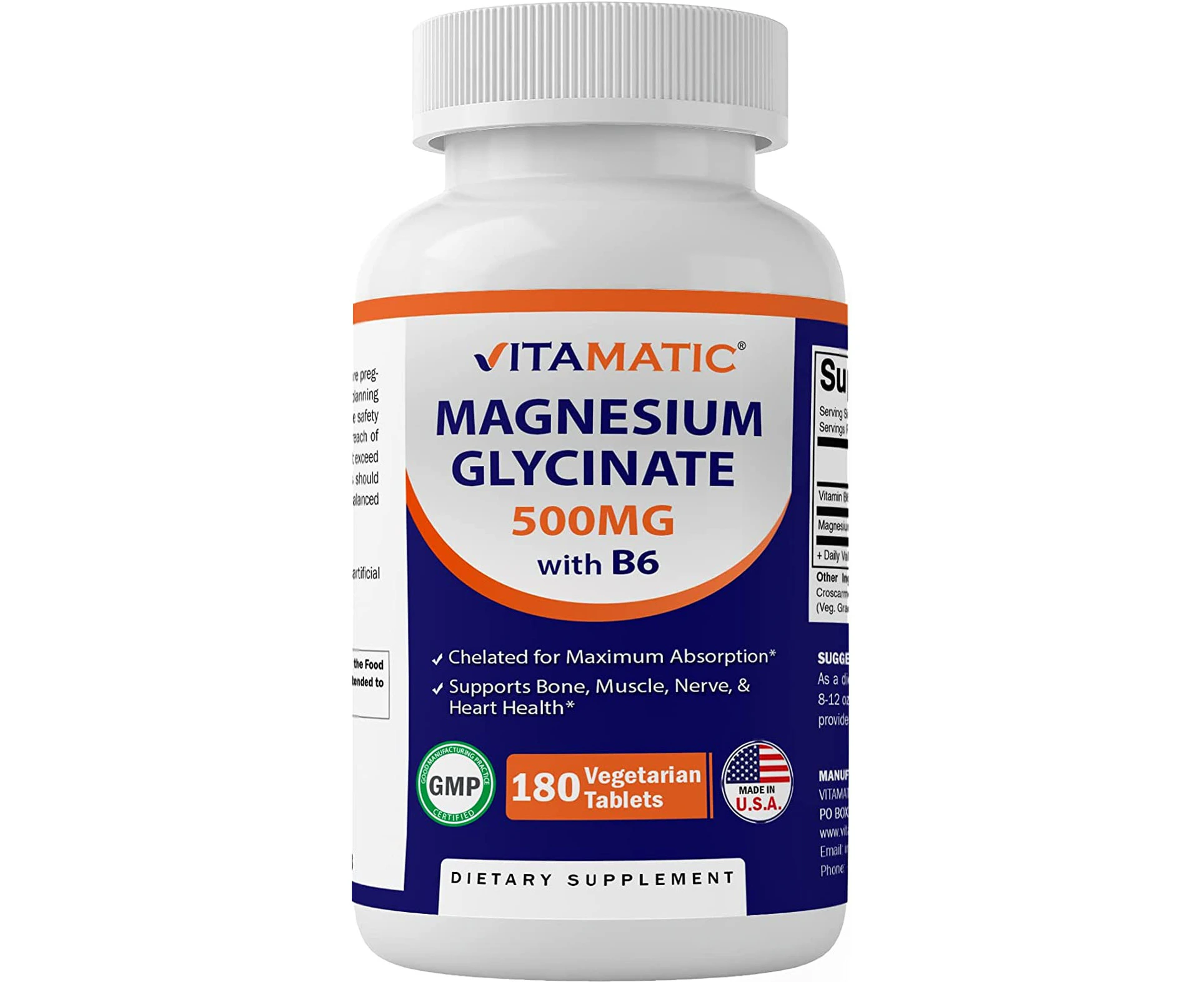 Vitamatic Magnesium Glycinate 500mg per Tablet - 180 Vegetarian Tablets - Added B6 for Maximum Absorption - Supports Muscle, Joint, and Heart Health*, Pack