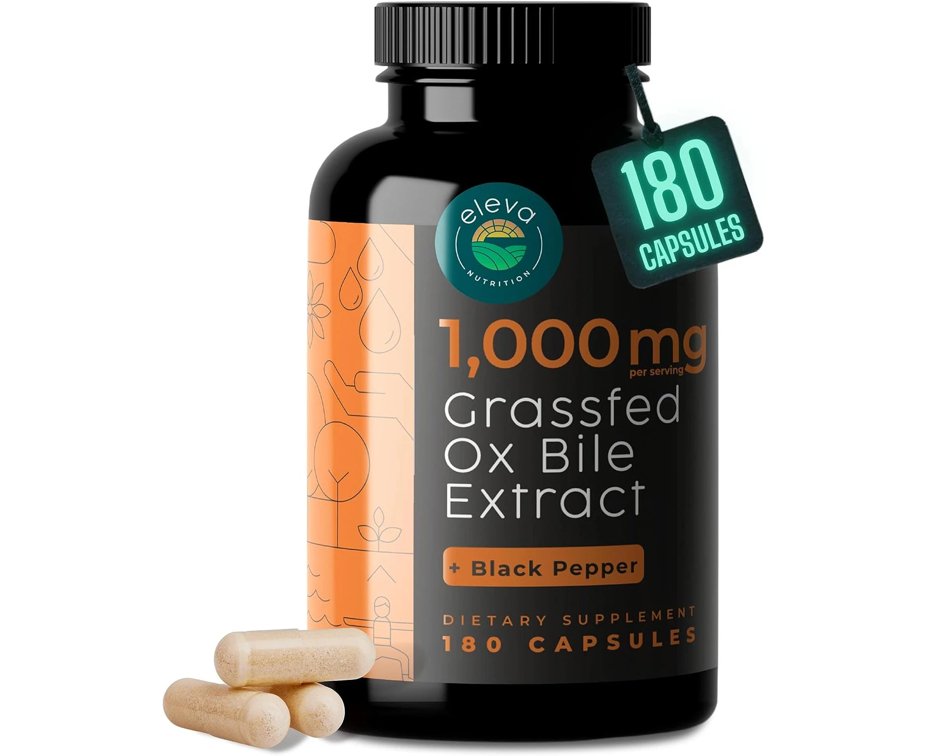 Grass-Fed Ox Bile 1000mg Bile Salts Supplements with Black Pepper. Bile Acid Factors Support Digestive Enzymes Such as Amylase, Lipase and Bromelain Supple