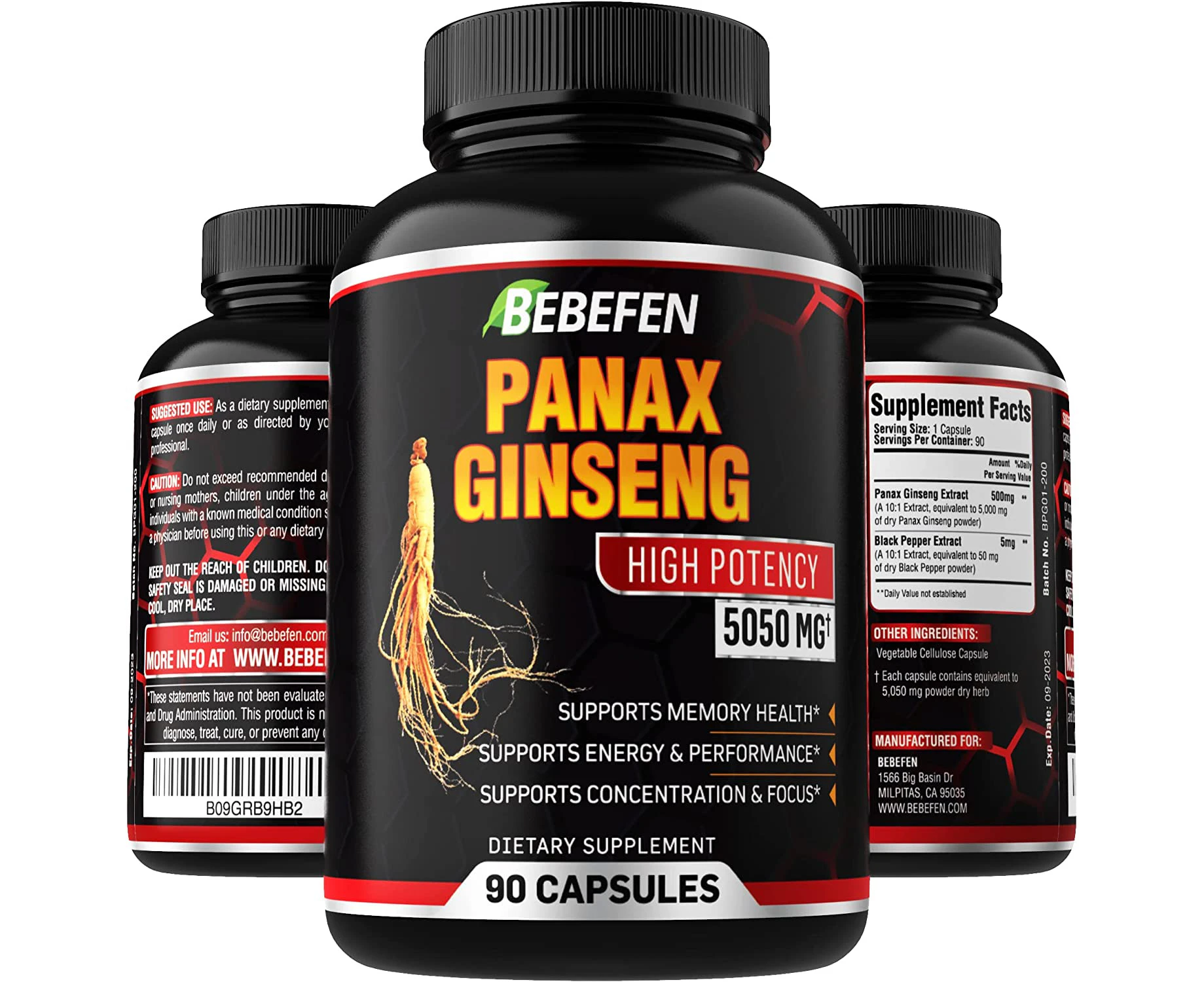 Panax Ginseng Capsules - 5050mg Formula Pills with Black Pepper Extract - 90 Capsules Panax Ginseng Supplement for Supports Energy, Strength, Performance -