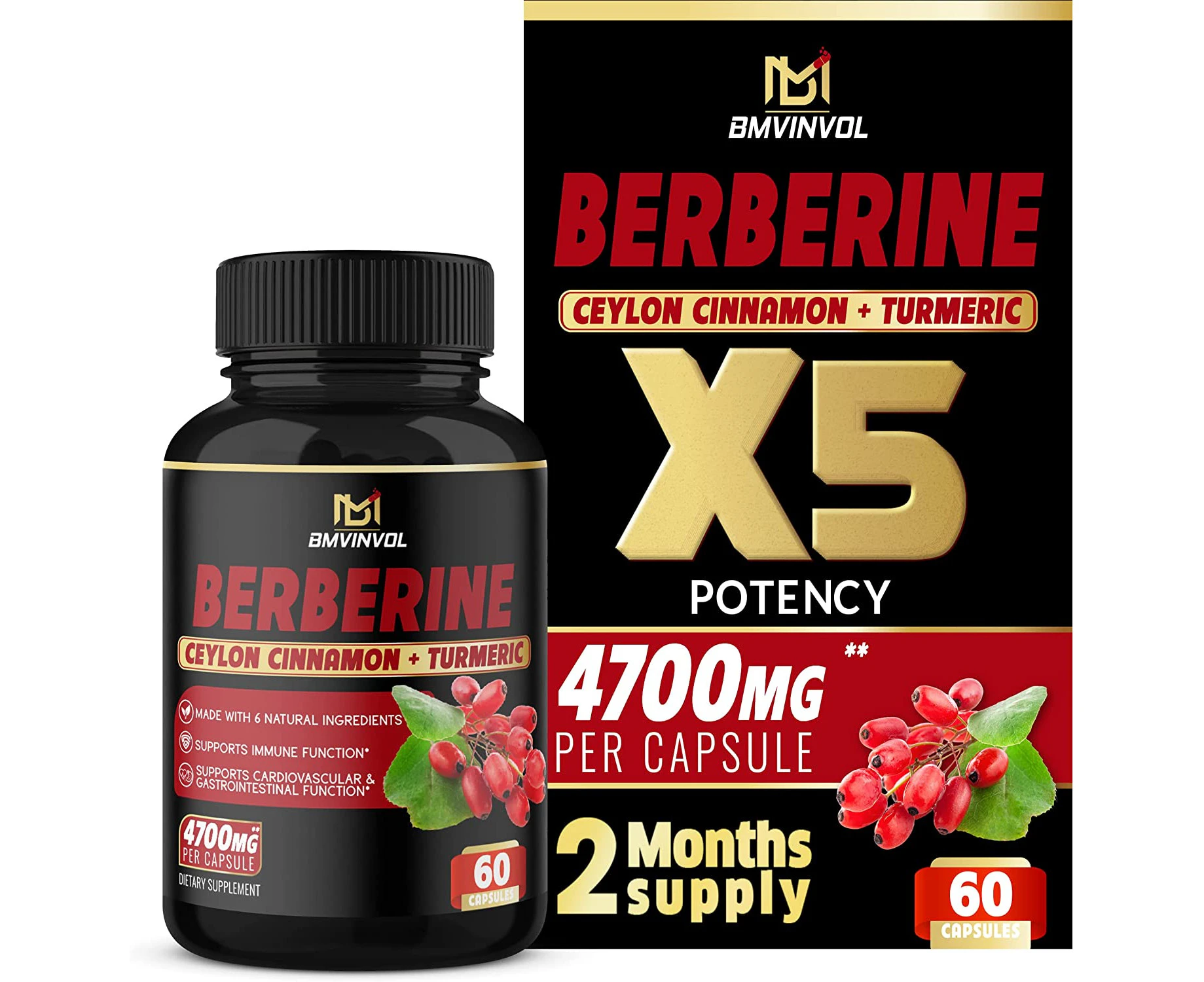 Berberine with Ceylon Cinnamon, Turmeric, Milk Thistle, Artichoke, Black Pepper - 60 Count - Pack of 1