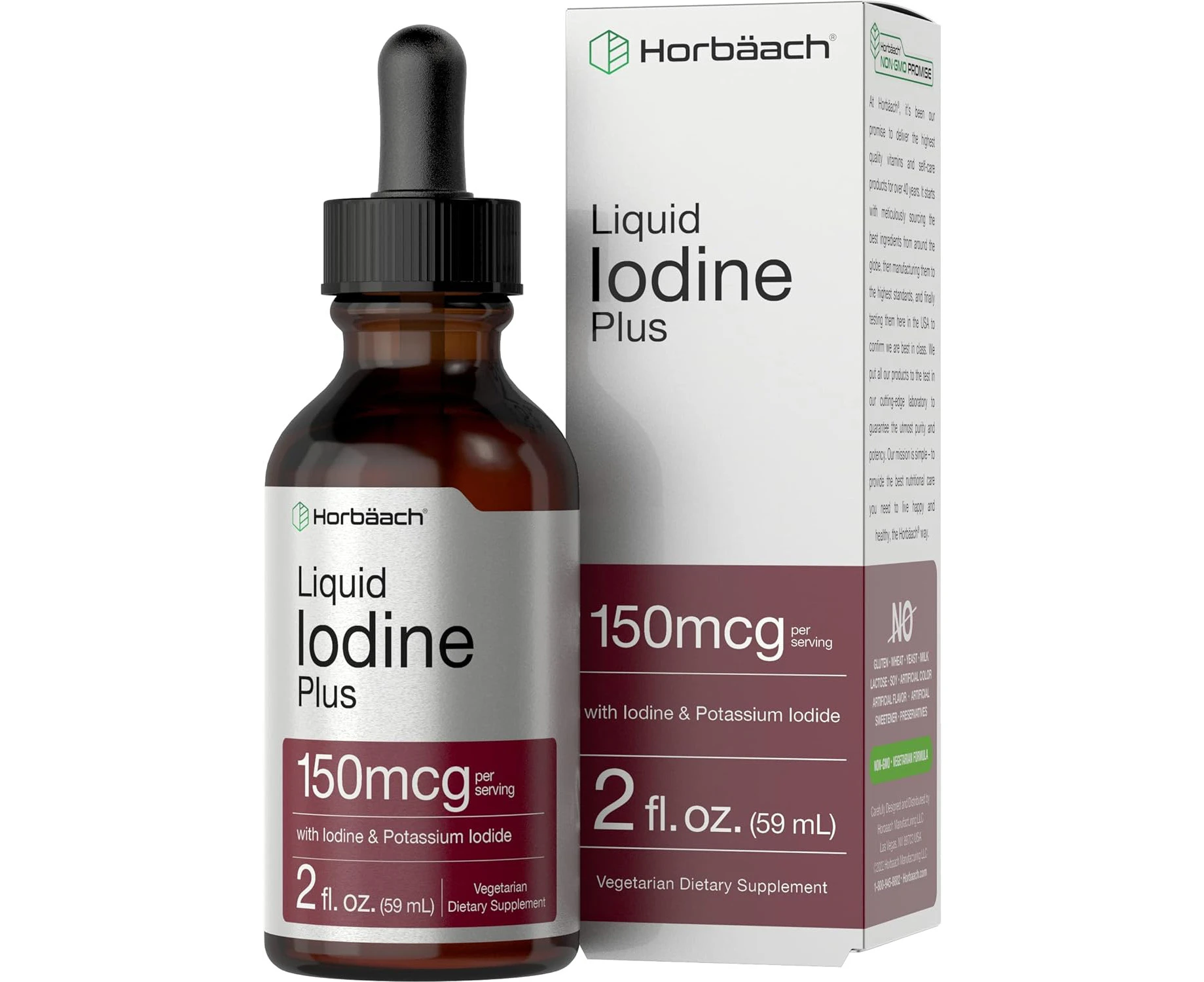 Liquid Iodine Solution Drops | 2 fl oz | 150 mcg | Iodine & Potassium Iodine Supplement | Vegetarian, Non-GMO, Gluten Free Liquid Tincture | by Horbaach