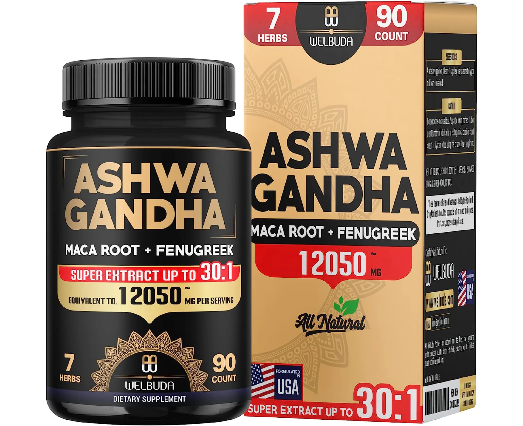 Ashwagandha Root - Extract 30:1 - Equivalent To 12050 Mg Blended With Maca, Fenugreek, Turmeric, Rhodiola Rosea, Ginger & Black Pepper - Thyroid, Mood & St