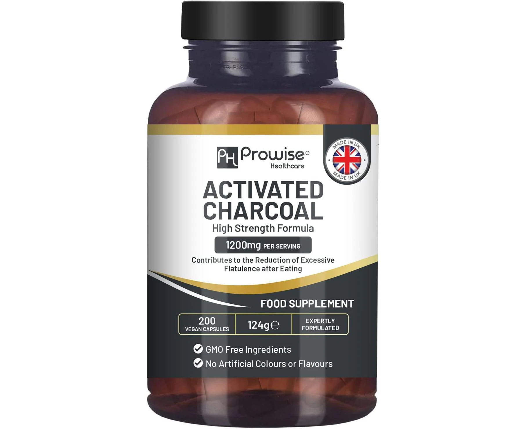 Activated Charcoal Capsules - 200 High Strength Vegan Capsules- 1200mg per serving I Made in the UK by Prowise Healthcare