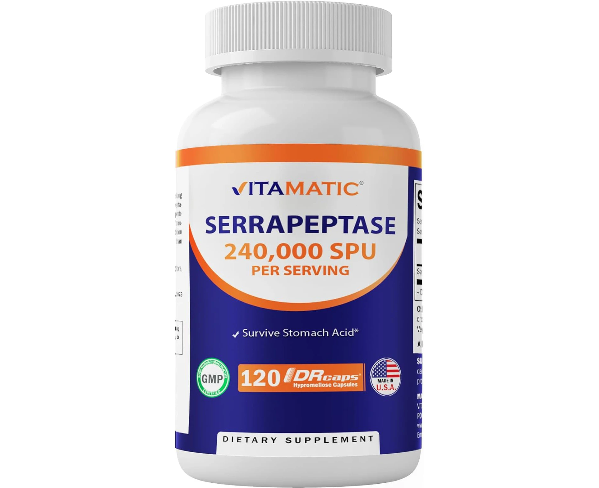 Vitamatic Serrapeptase 240,000 SPU Servings, 120 Delayed Released Capsules - Survives Stomach Acids - Proteolytic Enzyme for Sinus, Respiratory & Joint- No