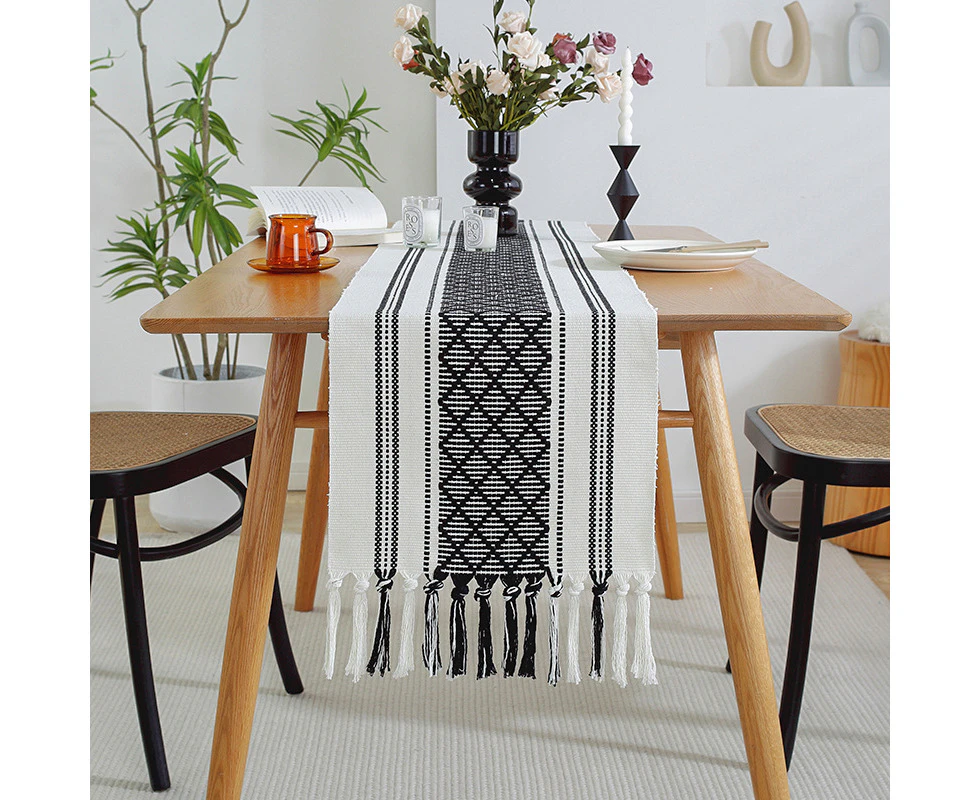 Simple Modern Hand-Woven Tassel Striped Table Runner Home Dining Table Table Towel Tv Cabinet Coffee Table Cover  Towel,Black 34*160Cm