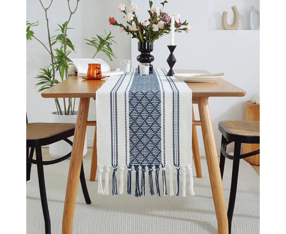 Simple Modern Hand-Woven Tassel Striped Table Runner Home Dining Table Table Towel Tv Cabinet Coffee Table Cover Towel,Blue34*275Cm