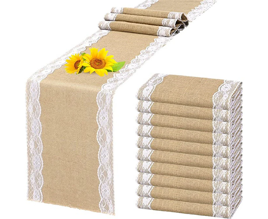 Burlap Table Runner Vintage Lace Natural Jute Table Runner Lace Wedding Table Decoration,30*108Cm