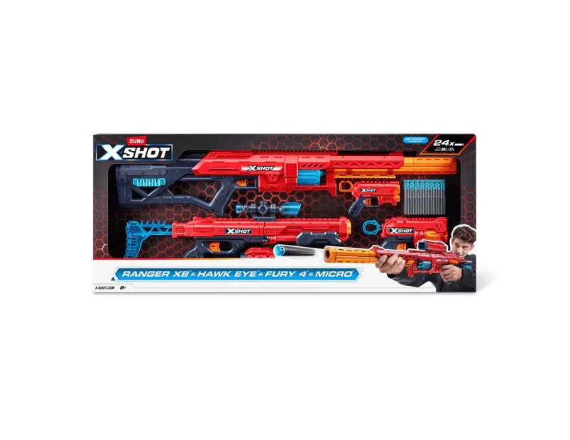 X-SHOT Excel Ranger X8 & Hawk Eye & Fury 4 & Micro Combo Pack (24 Darts) By ZURU