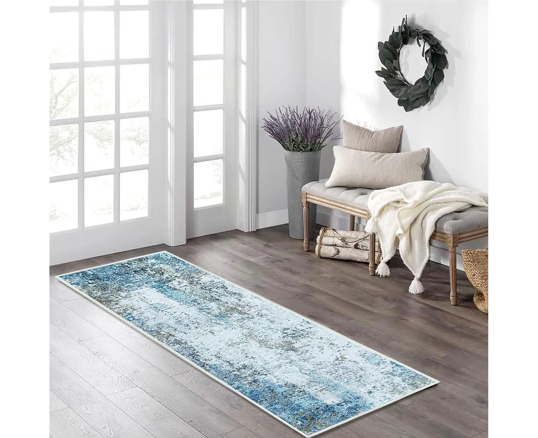 JURLEA Hallway Runner Rug Non-Slip Carpet Runner for Hallways Kitchen Living Room No Shedding Washable Lightweight Long Runners Rug (Cream/Blue, 80 x 150 c