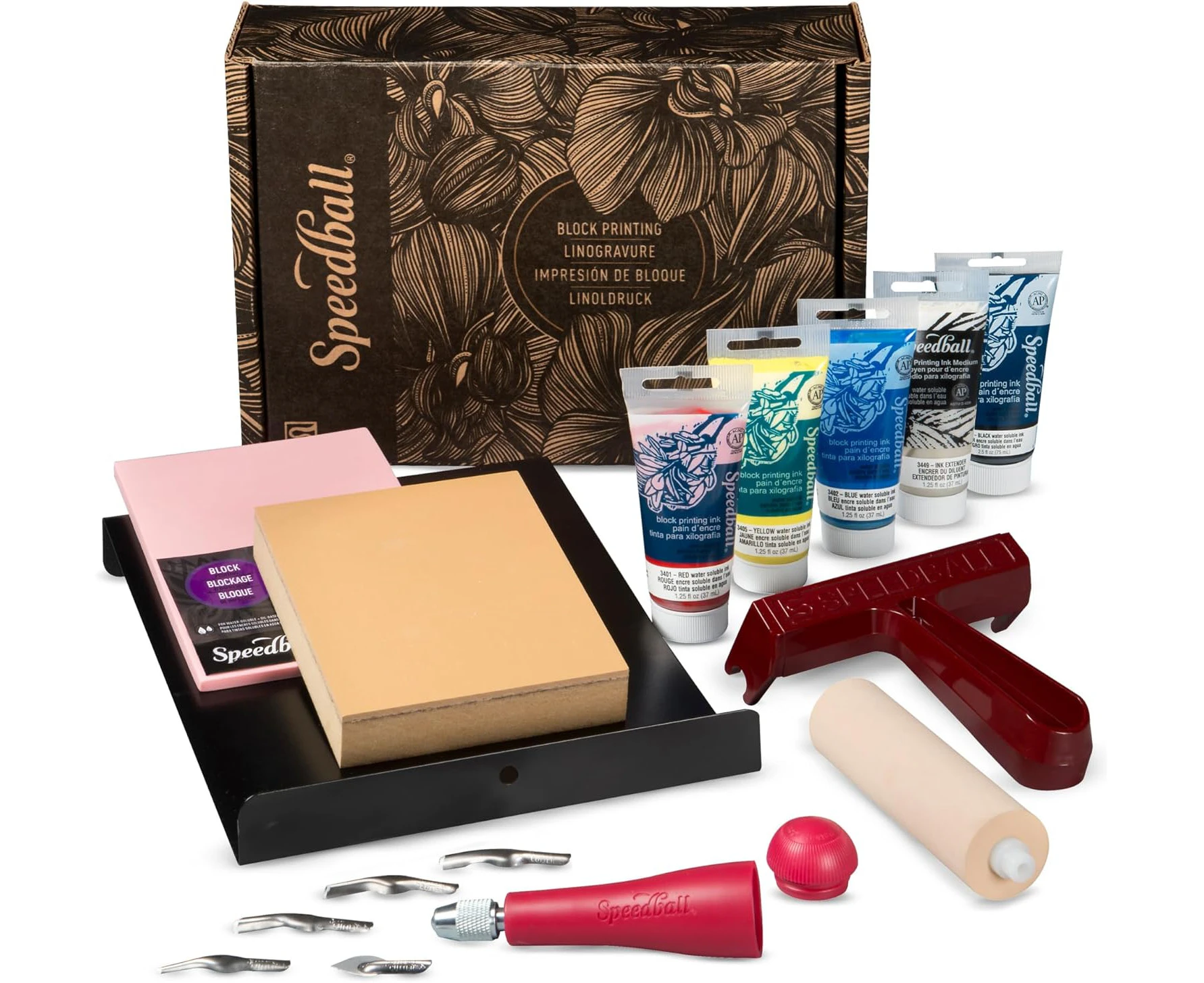 Speedball Deluxe Block Printing Kit - Includes Inks, Brayer, Bench Hook, Lino Handle and Cutters, Speedy-Carve Block, Mounted Linoleum Block