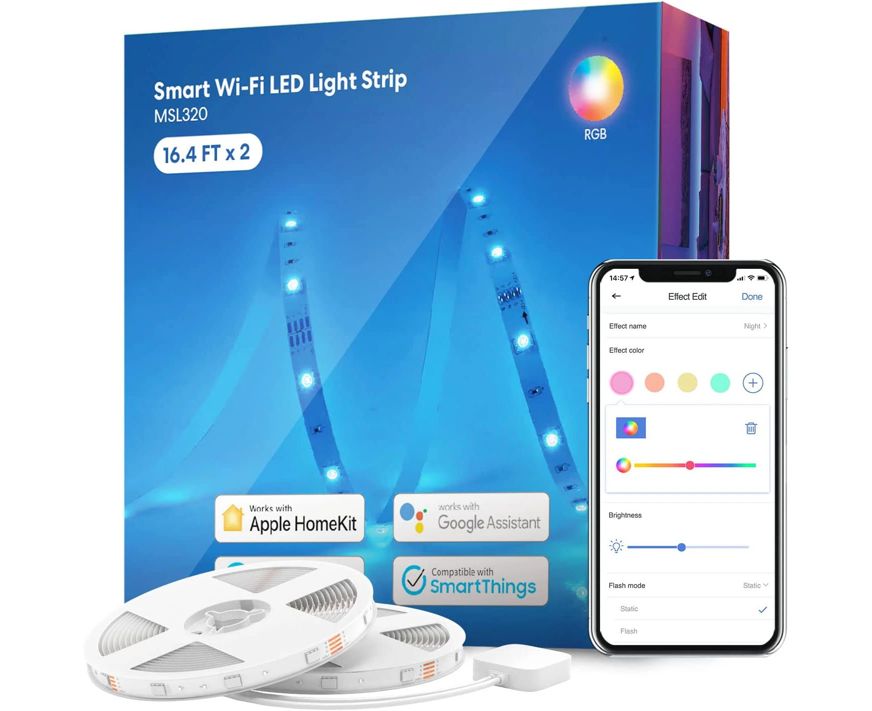 meross Smart LED Strip Lights 5m Work with Apple HomeKit, Alexa, Google Home, and SmartThings, App Control, 16.4ft RGB Color Changing Wi-Fi LED Strip for H