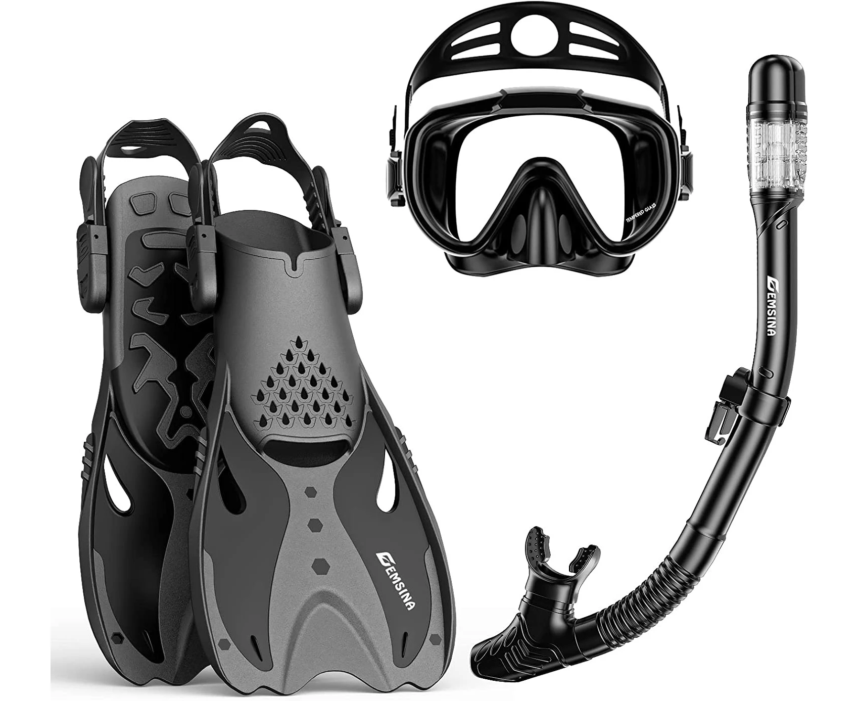 EMSINA Mask Fin Snorkel Set with Adult Snorkeling Gear, Panoramic View Diving Mask, Trek Fin, Dry Top Snorkel +Travel Bags, Snorkel for Lap Swimming