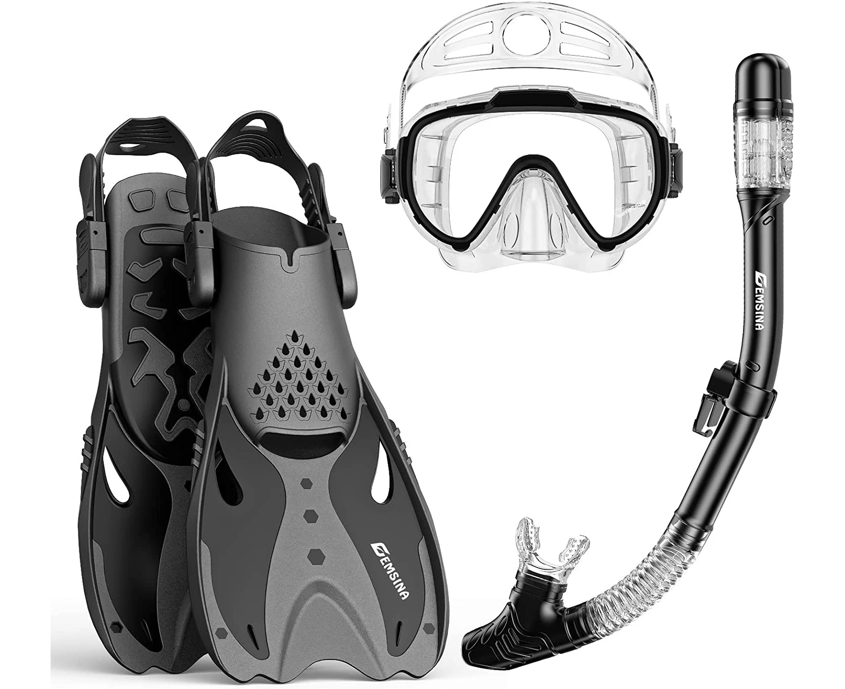 EMSINA Mask Fin Snorkel Set with Adult Snorkeling Gear, Panoramic View Diving Mask, Trek Fin, Dry Top Snorkel +Travel Bags, Snorkel for Lap Swimming