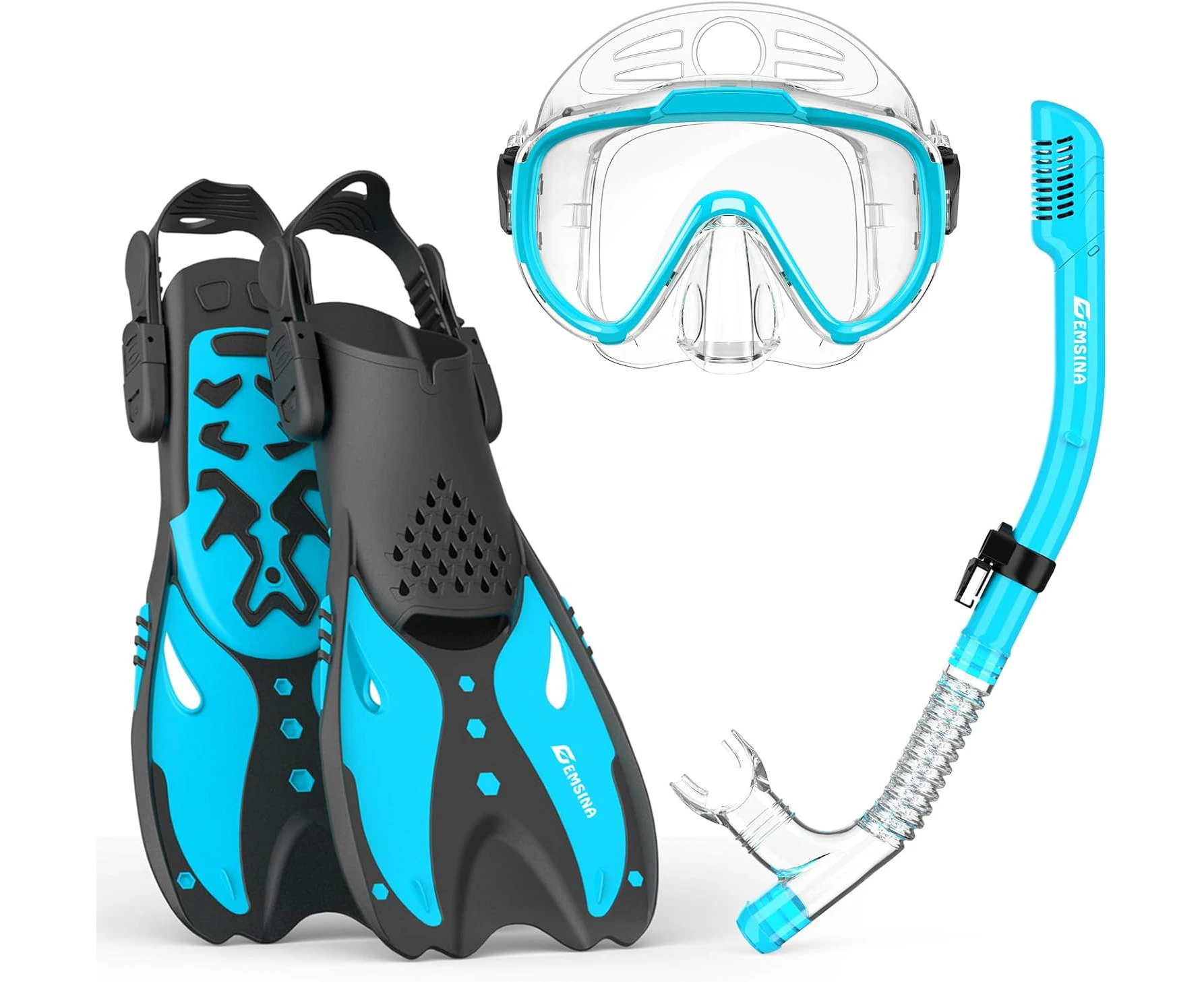 EMSINA Mask Fin Snorkel Set with Adult Snorkeling Gear, Panoramic View Diving Mask, Trek Fin, Dry Top Snorkel +Travel Bags, Snorkel for Lap Swimming