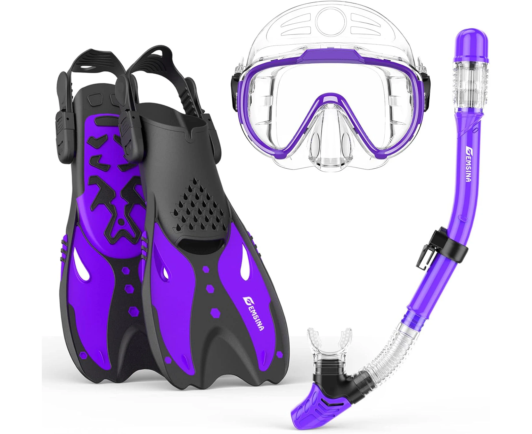 EMSINA Mask Fin Snorkel Set with Adult Snorkeling Gear, Panoramic View Diving Mask, Trek Fin, Dry Top Snorkel +Travel Bags, Snorkel for Lap Swimming