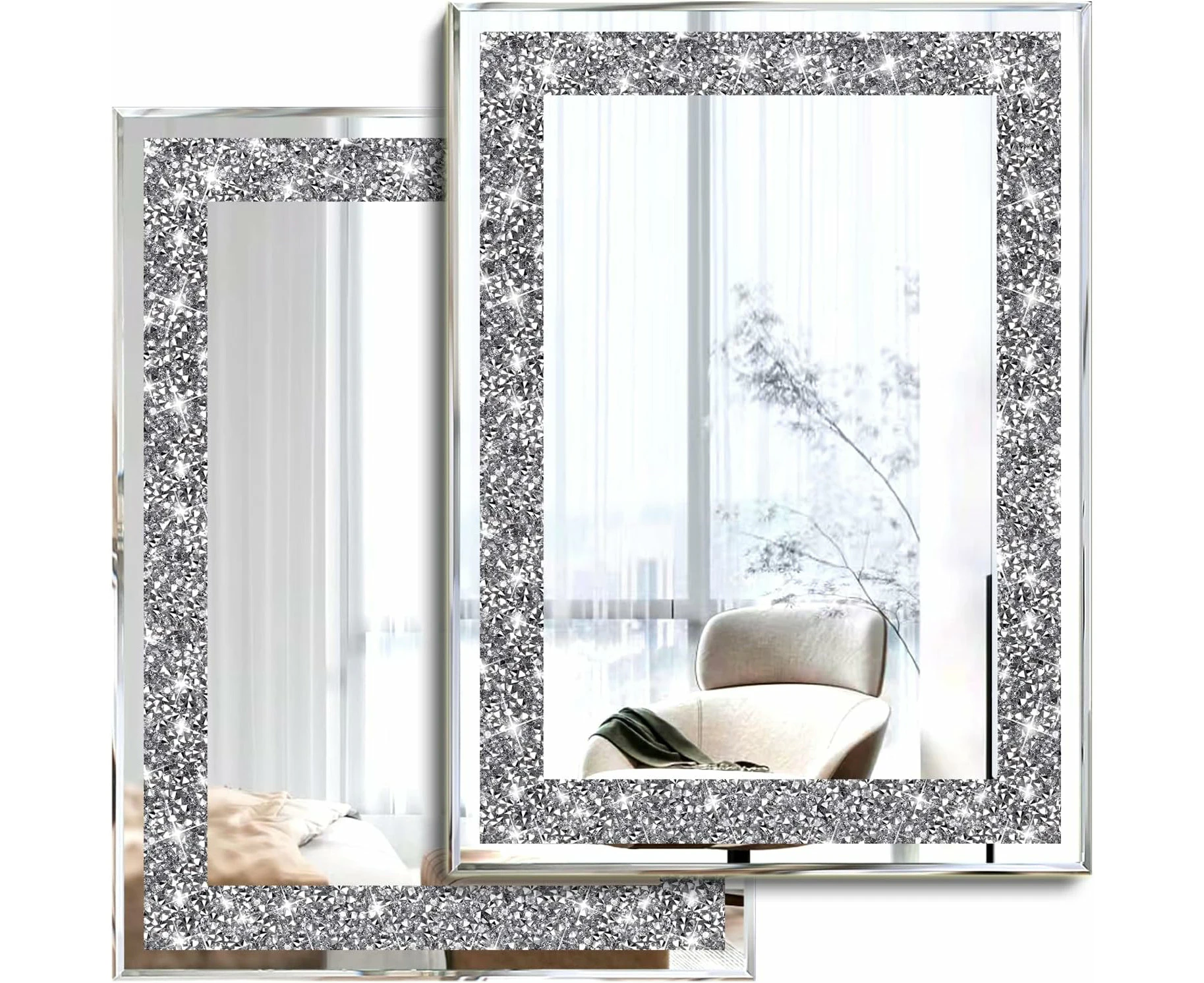 2 Piece Wall Mirrors, Crush Diamond Wall Décor Silver Decorative Mirrors for Living Room, Bedroom, Bathroom. (11\u201dx15\u201d)