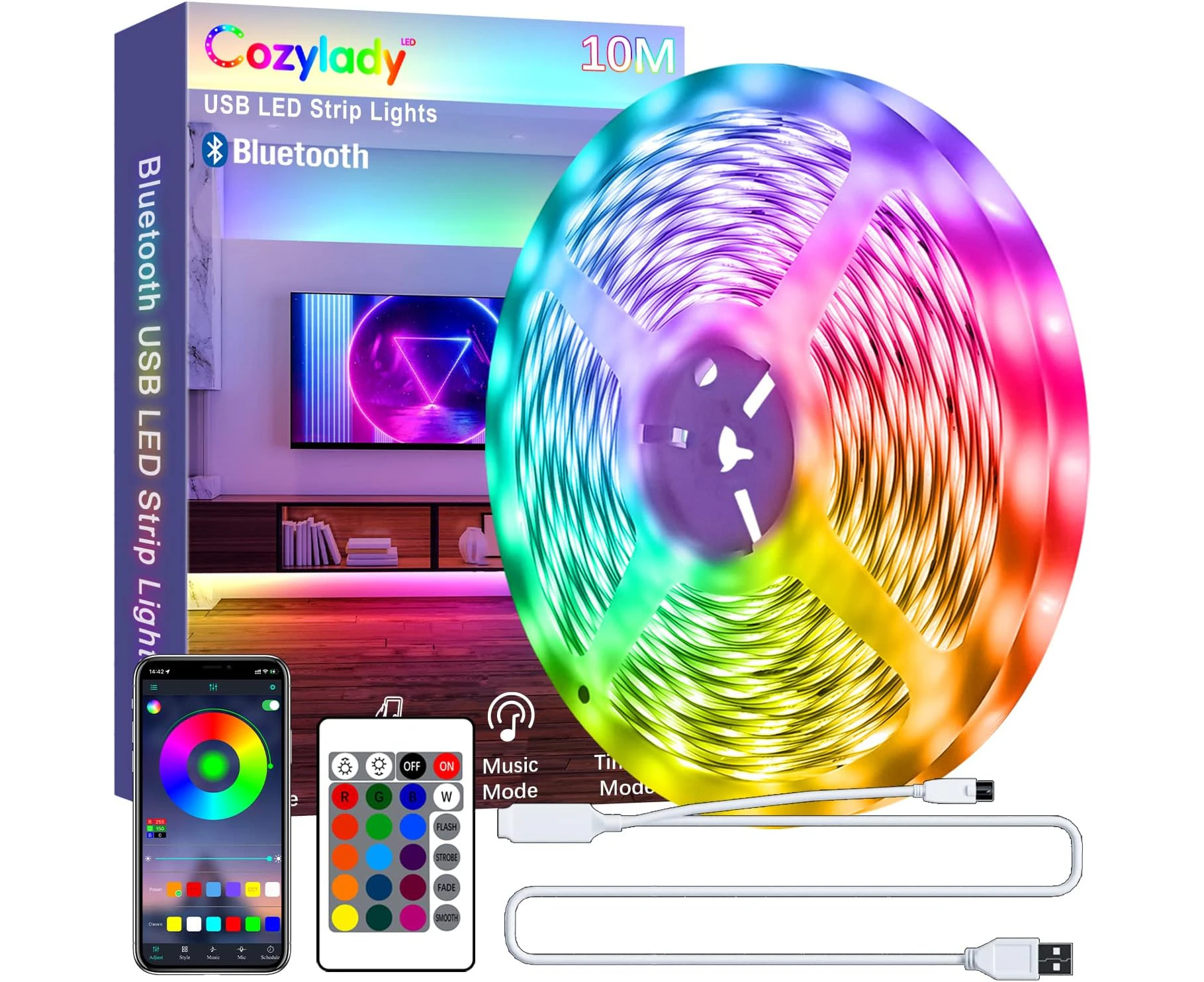 Cozylady LED Light Strip 5M,16.4ft USB RGB Strip Lights with Remote, Multi-Colour LED Light Strips Kit Music Sync 5050 LED 5V RGB Light Bluetooth APP Contr