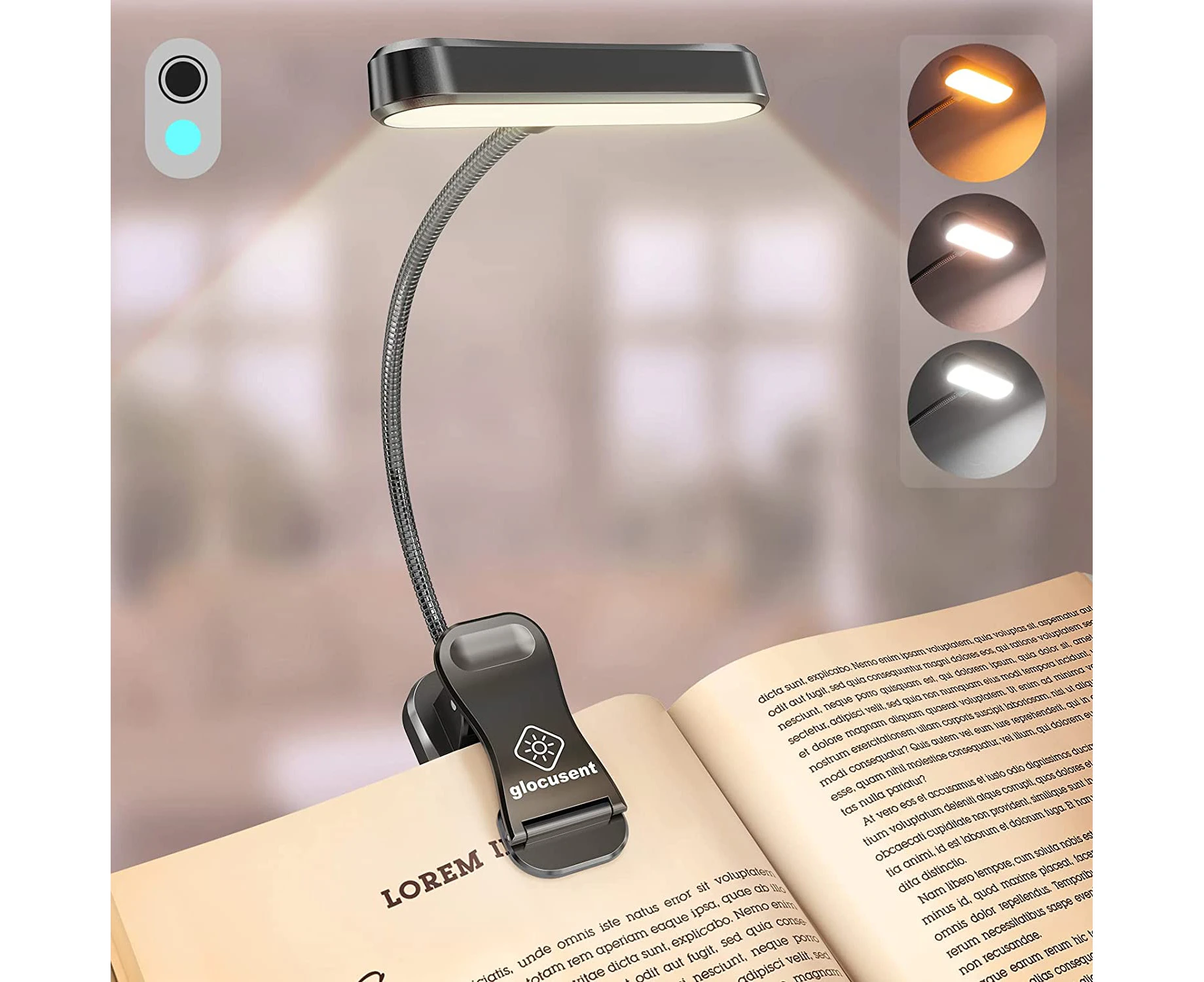 Glocusent Horizontal ET-Head Book Light for Reading in Bed, Eye Caring, CRI 95, 3 Colors & 5 Brightness, Rechargeable Long Lasting Reading Light, 1.4Oz Lig